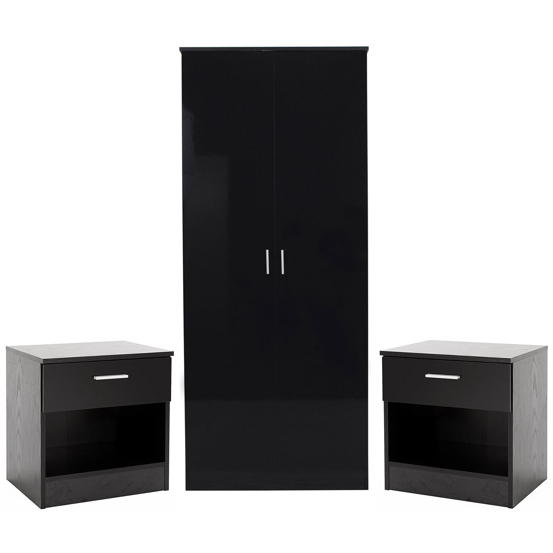 BEDROOM FURNITURE 3 PIECE SET BLACK GLOSS WARDROBE DRAWER BEDSIDE CHEST TABLE eBay