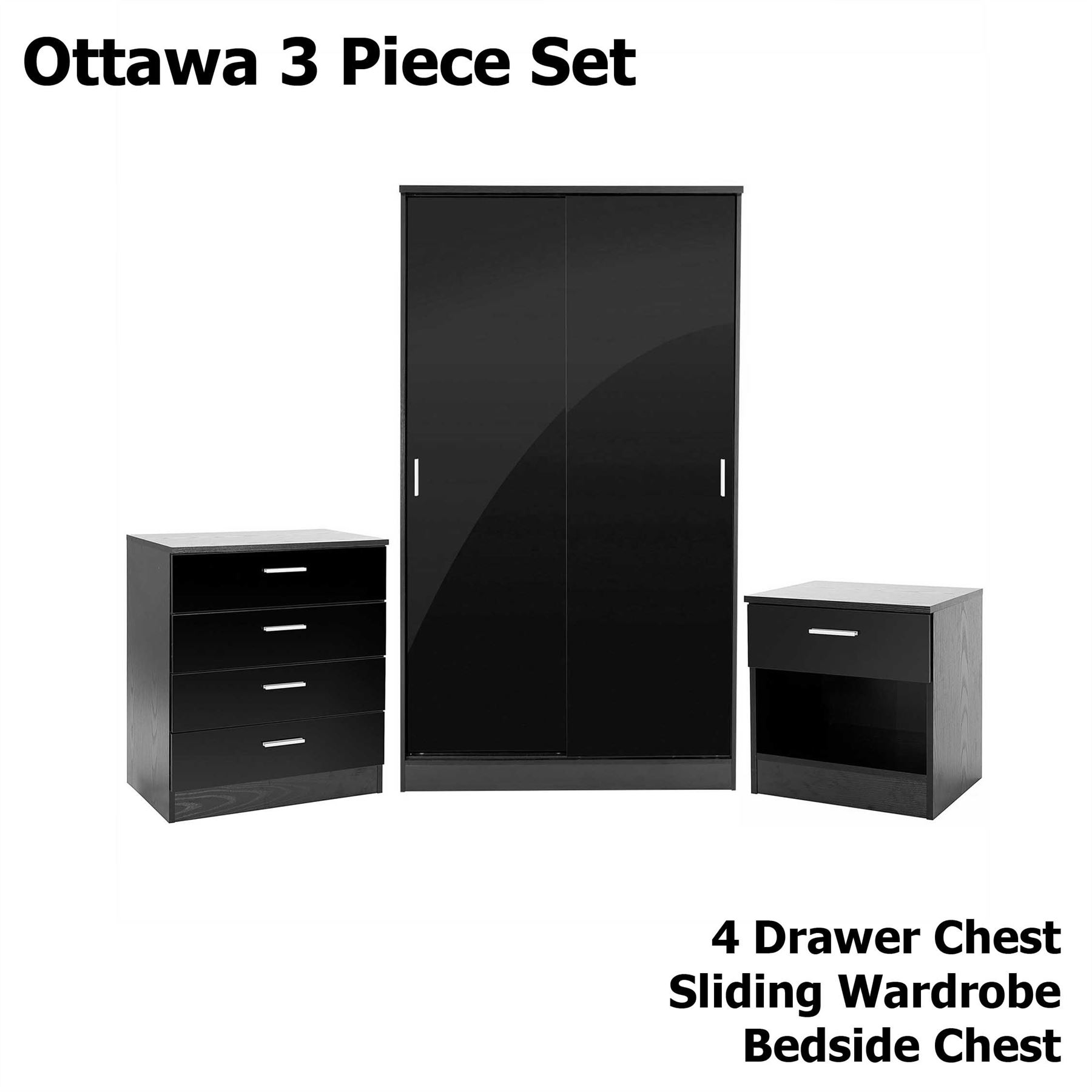 BEDROOM FURNITURE 3 PIECE SET BLACK GLOSS WARDROBE DRAWER BEDSIDE CHEST