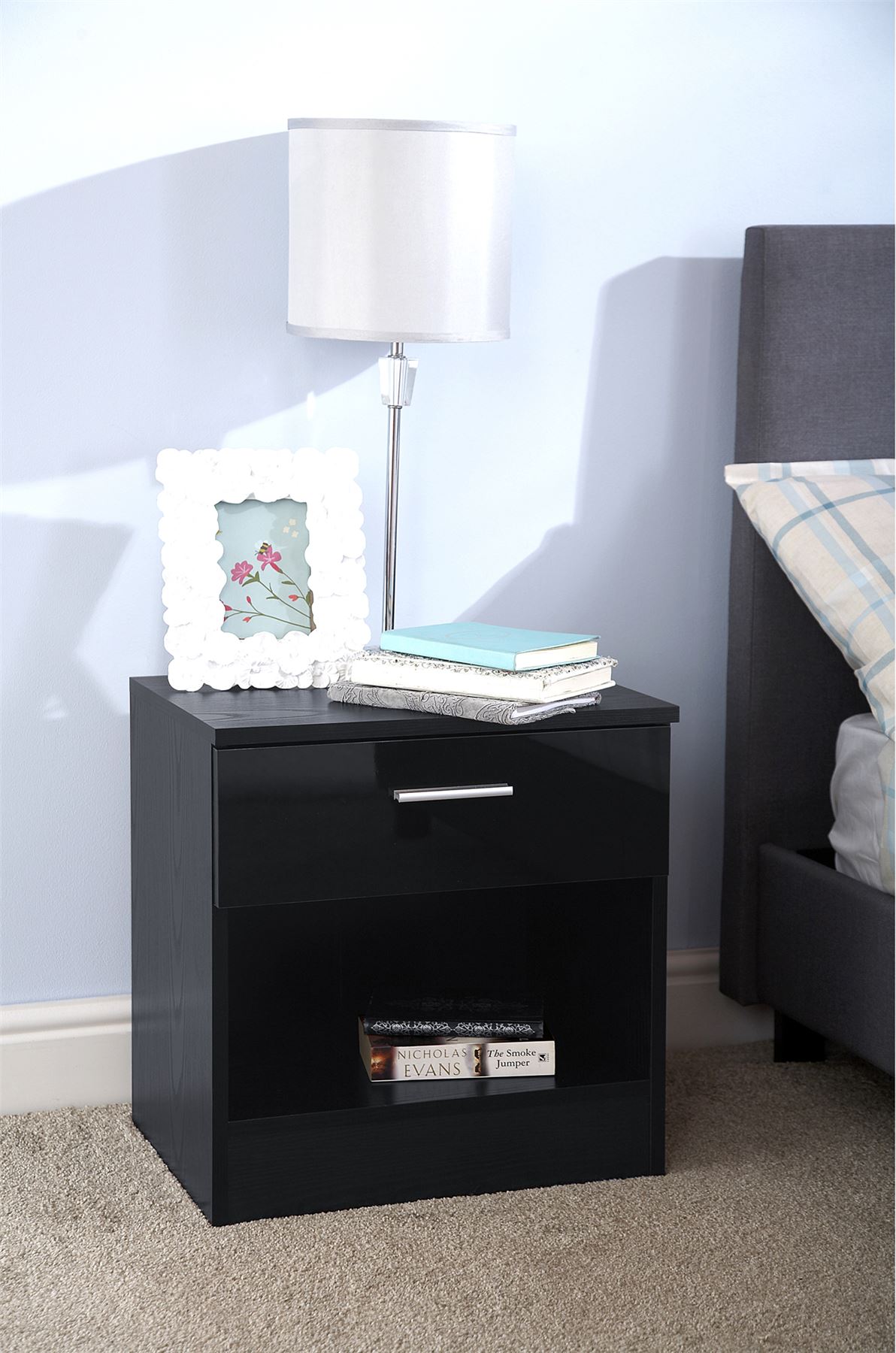 BEDROOM FURNITURE 3 PIECE SET BLACK GLOSS WARDROBE DRAWER BEDSIDE