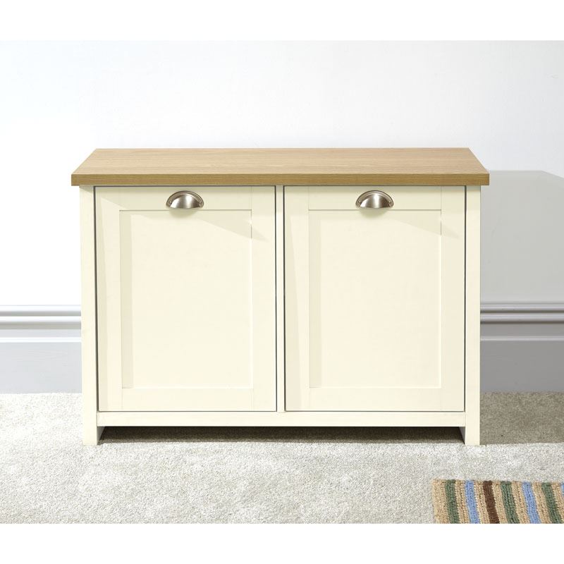 Lancaster Hallway Shoe Storage Bench Unit Cream & Oak 2 Door Cupboard