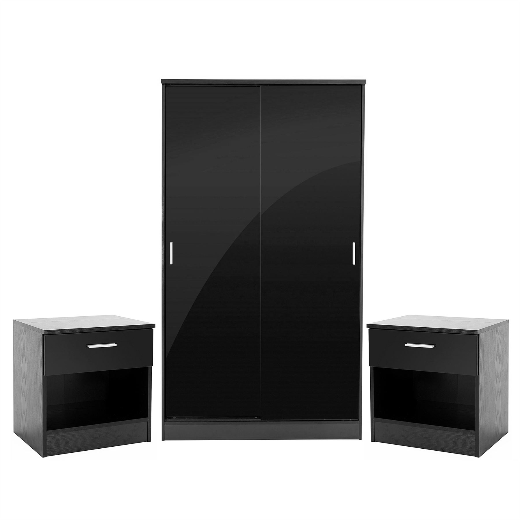 BEDROOM FURNITURE 3 PIECE SET BLACK GLOSS WARDROBE DRAWER BEDSIDE CHEST TABLE eBay