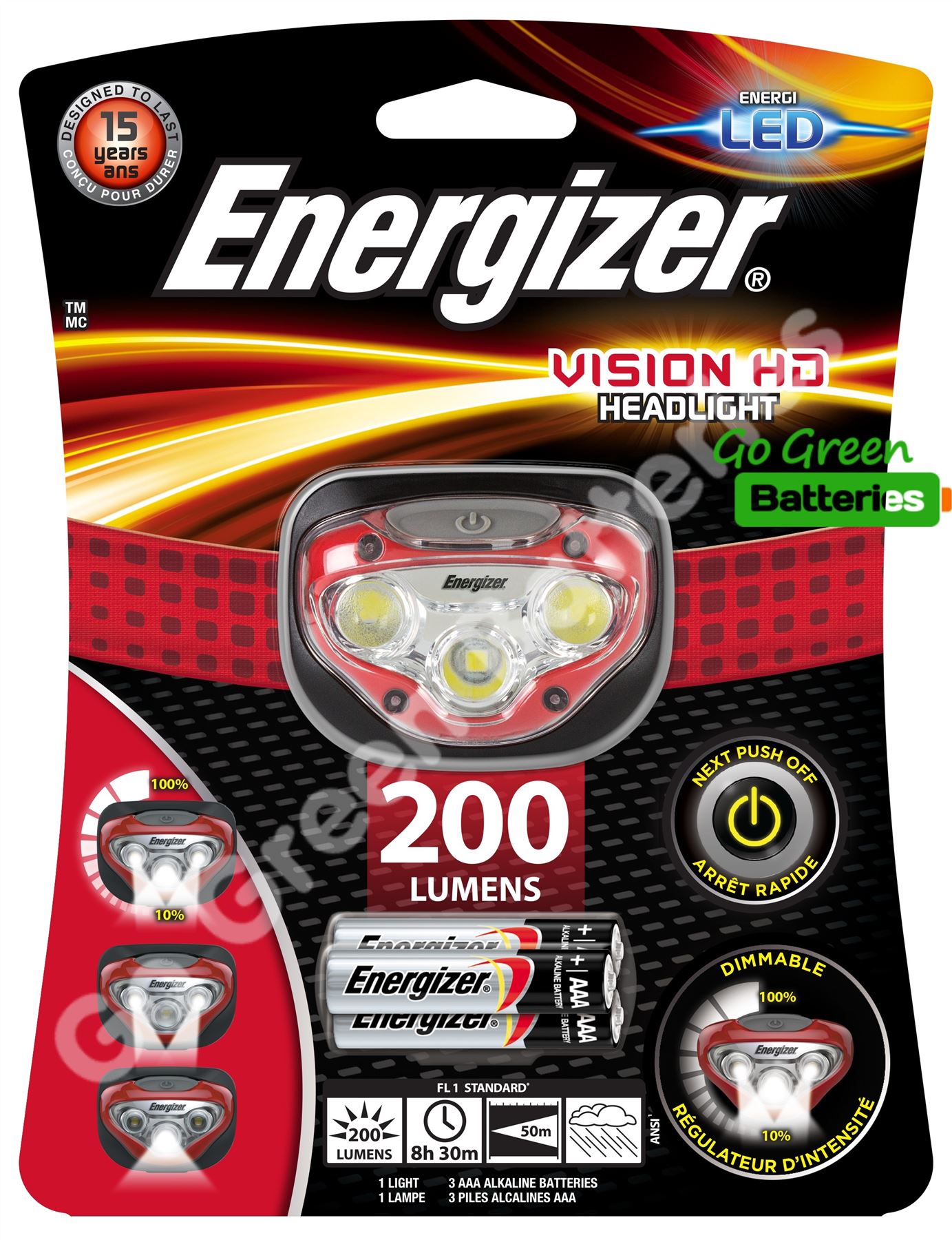 Headlight 200 Lumens Bright LED Torch 3 x AAA Batteries Energizer Vision HD