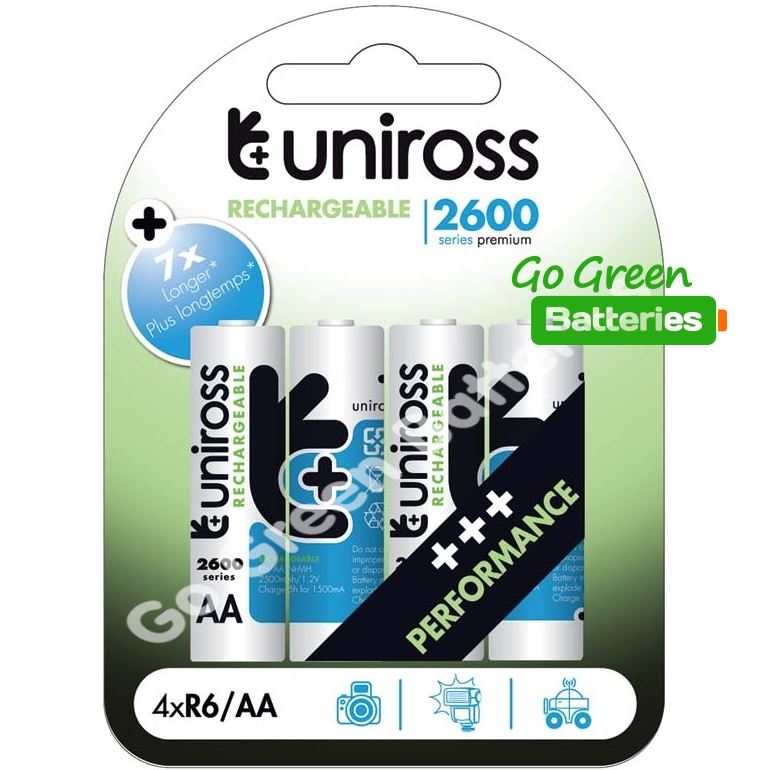 4 x Uniross AA 2600 mAh Rechargeable Batteries NiMH HR6, LR6, DC1500