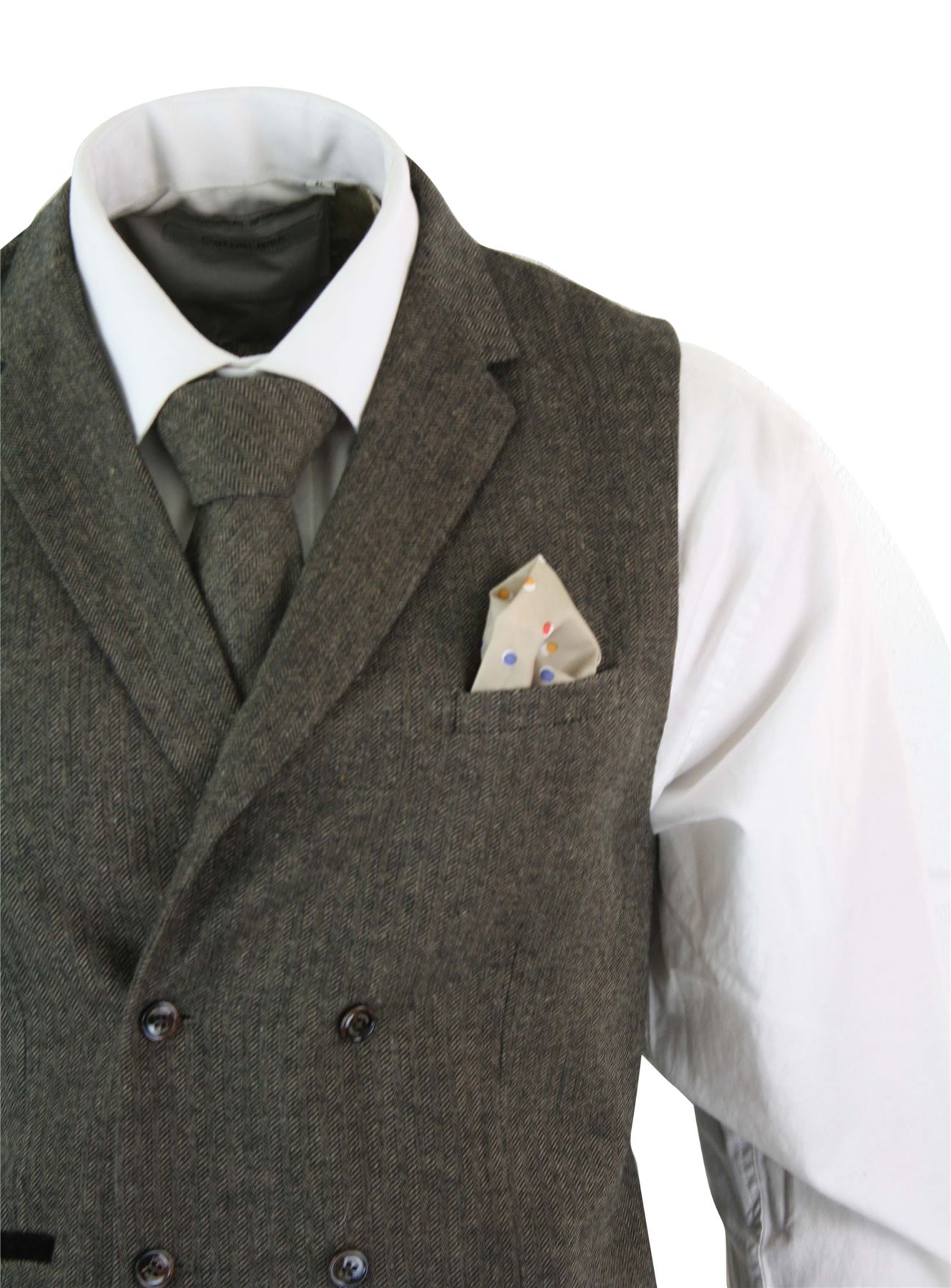 Mens Herringbone Tweed Gatsby Peaky Blinders Classic Double Breasted Waistcoat