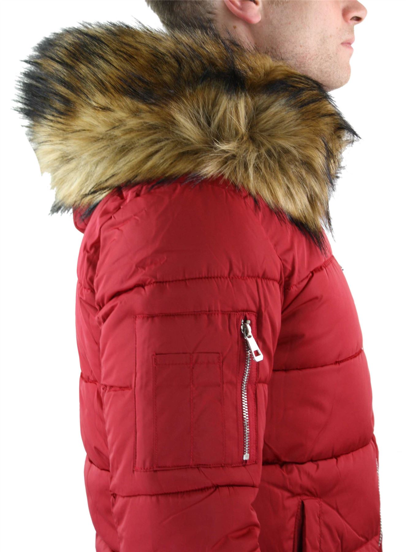 Mens Zip Removable Hood Fur Puffer Quilted Jacket Warm Winter