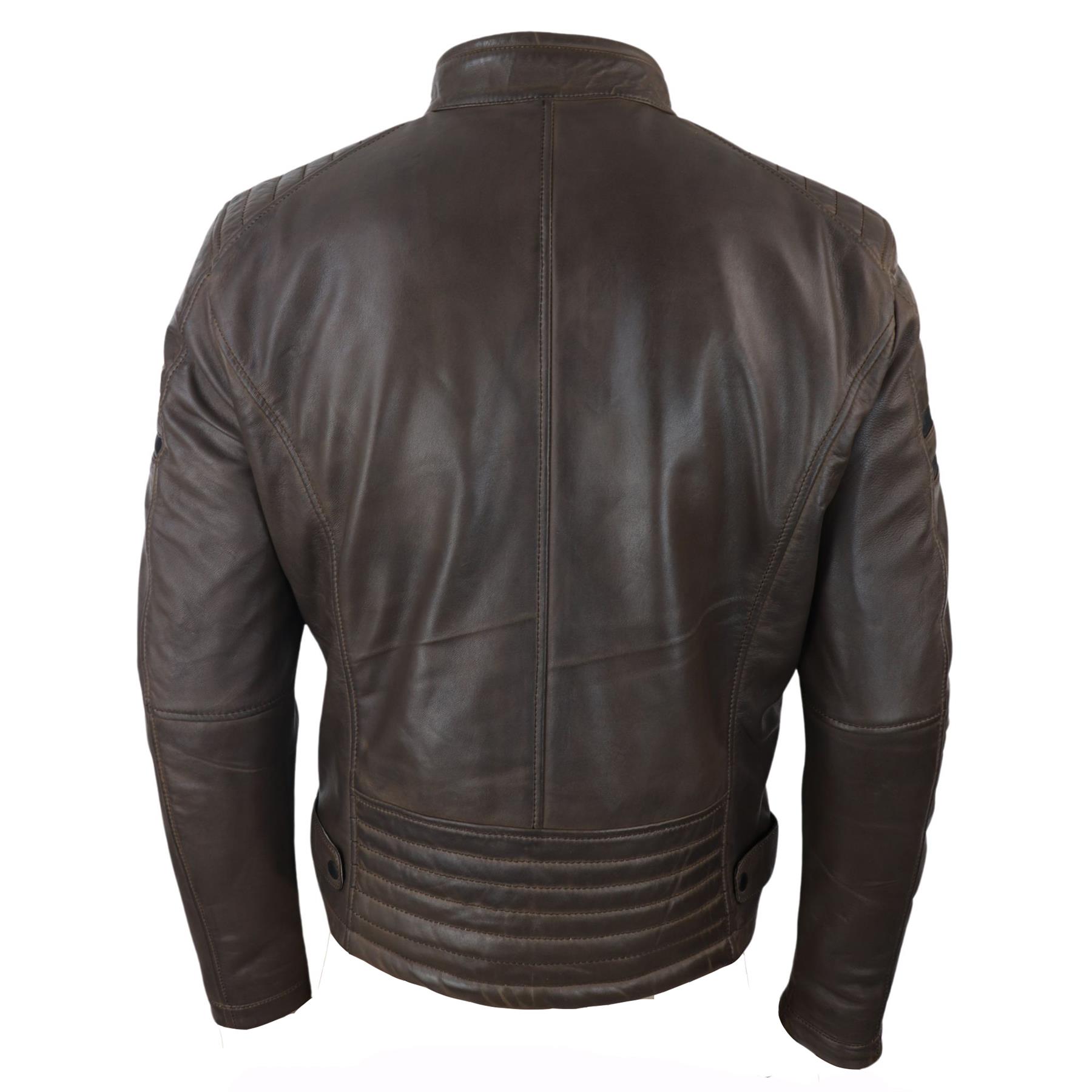 Mens Real Leather Biker Racing Jacket Red Stripes Zip Retro Casual Black Short - Picture 17 of 18