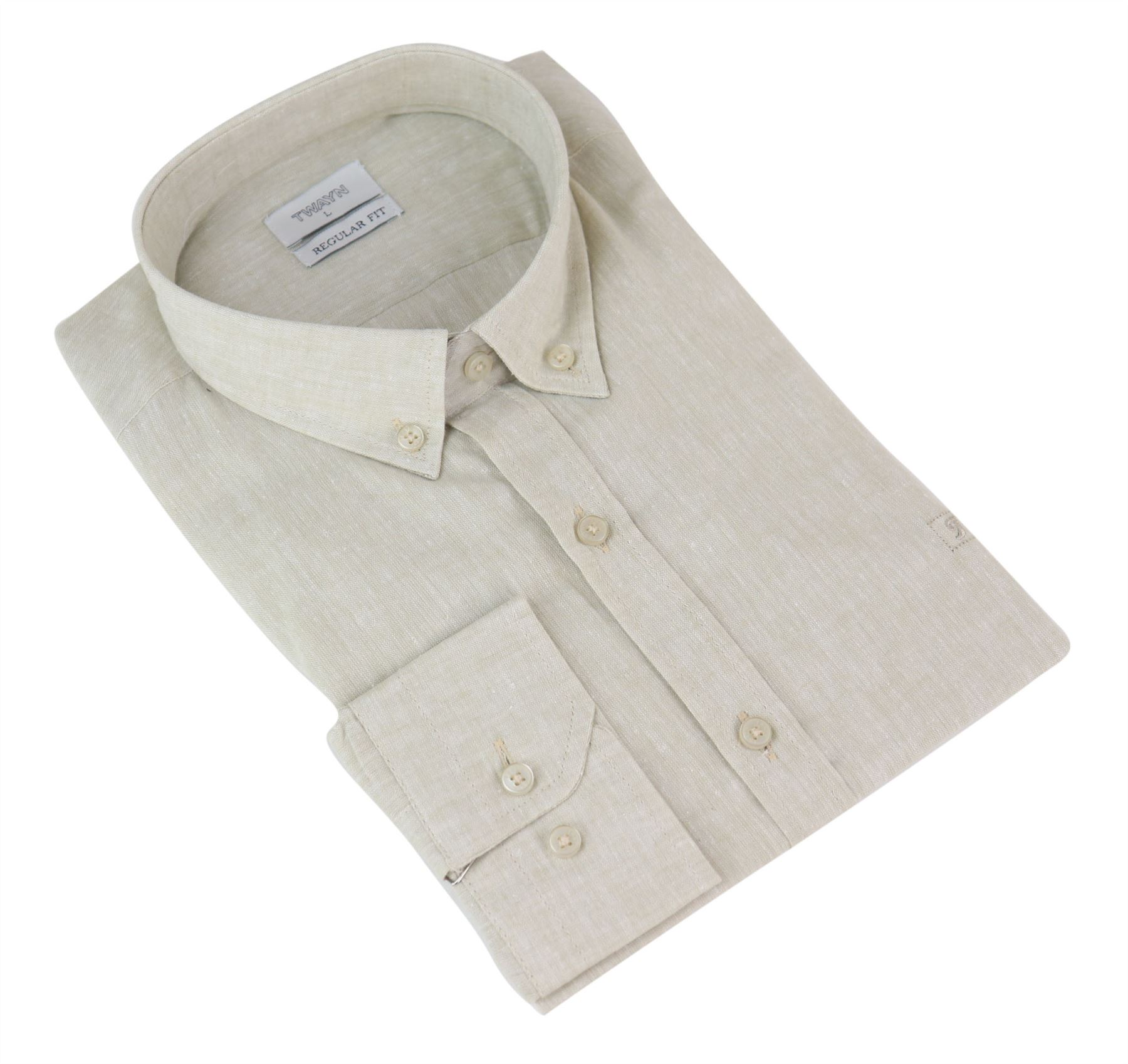 Mens Linen Shirt Cotton Button Collar 