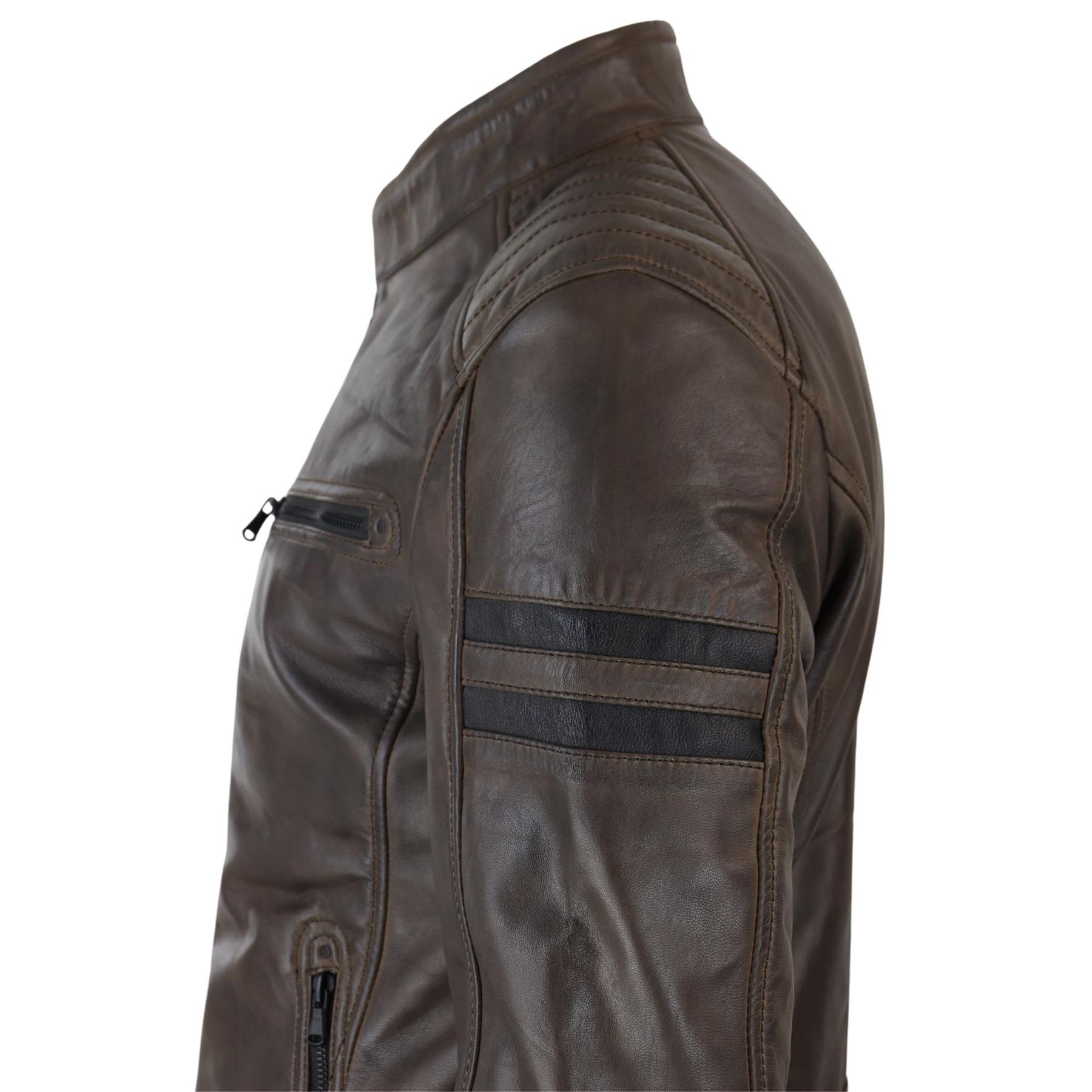 Mens Real Leather Biker Racing Jacket Red Stripes Zip Retro Casual Black Short - Picture 16 of 18