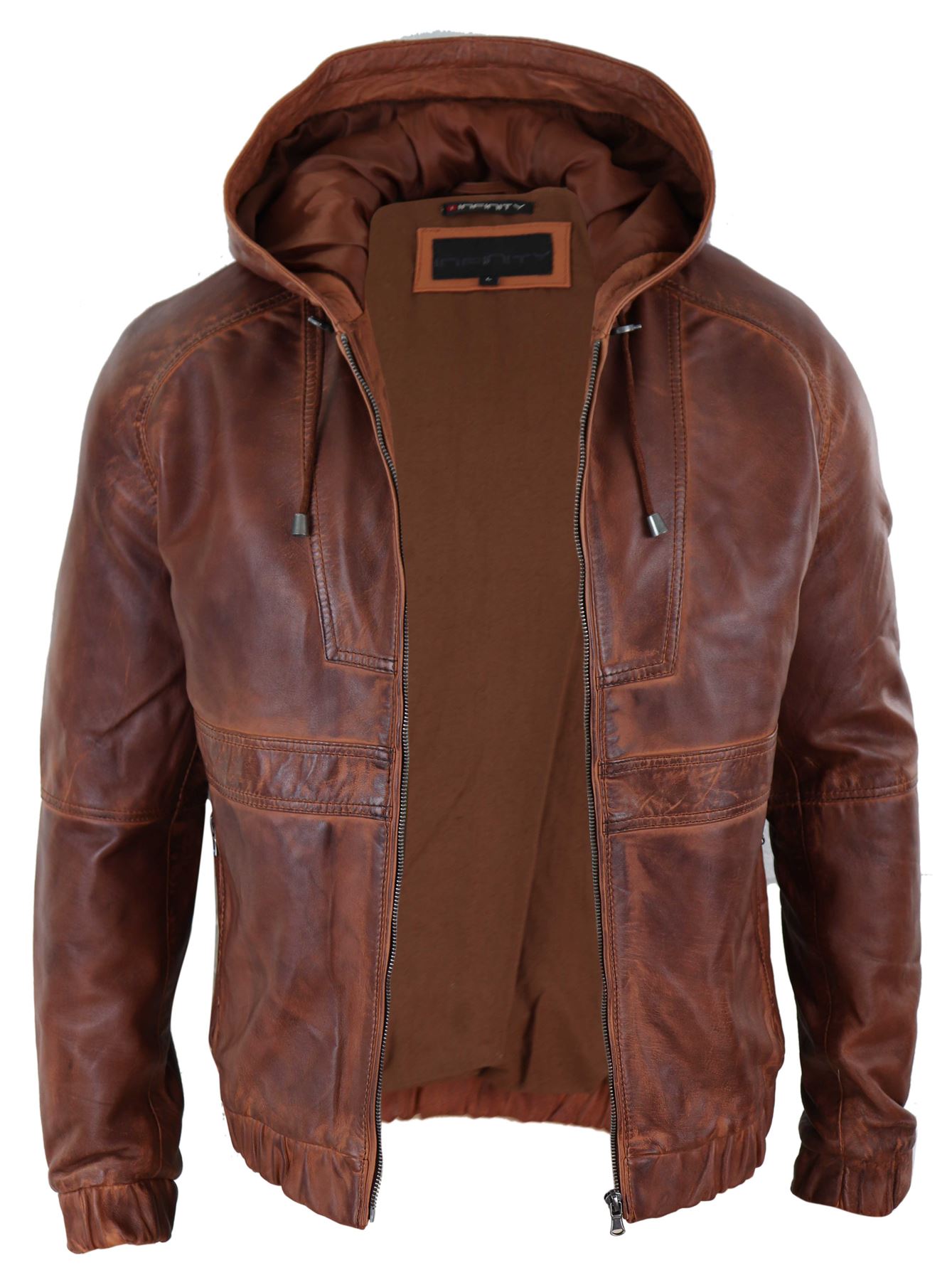 Mens Real Leather Hood Bomber Jacket Tan Brown Black Zipped Tailored ...