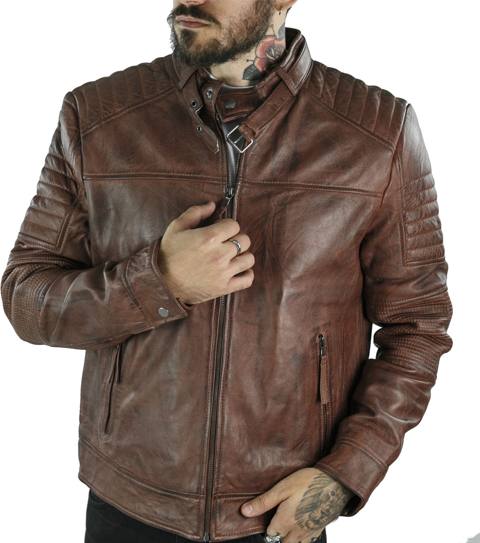 Herrenjacke 100% Echtleder Schwarz Biker Retro Design Vintage Tailored Fit - Bild 3 von 11