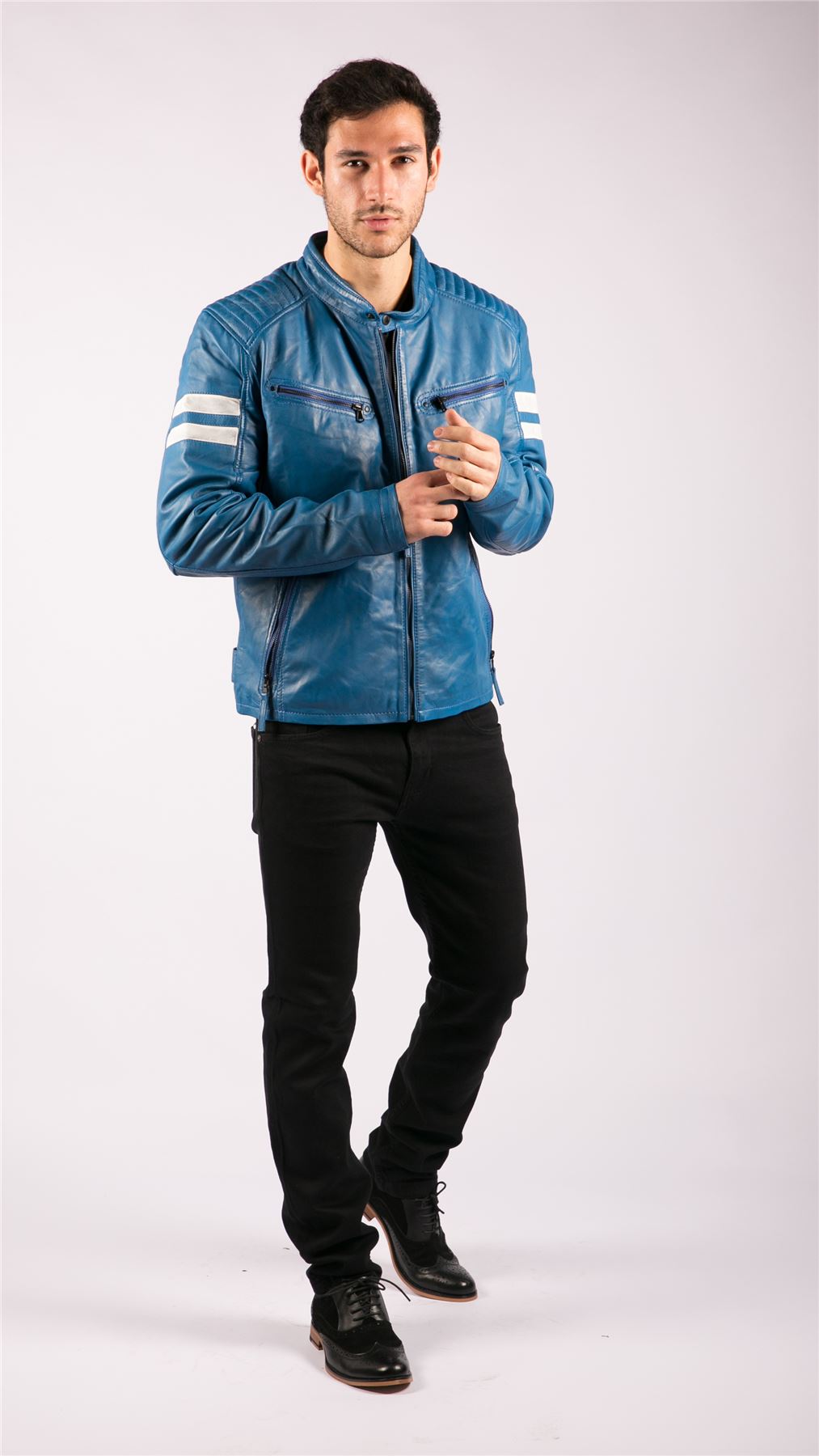 Mens Real Leather Biker Racing Jacket Red Stripes Zip Retro Casual Black Short - Picture 11 of 18
