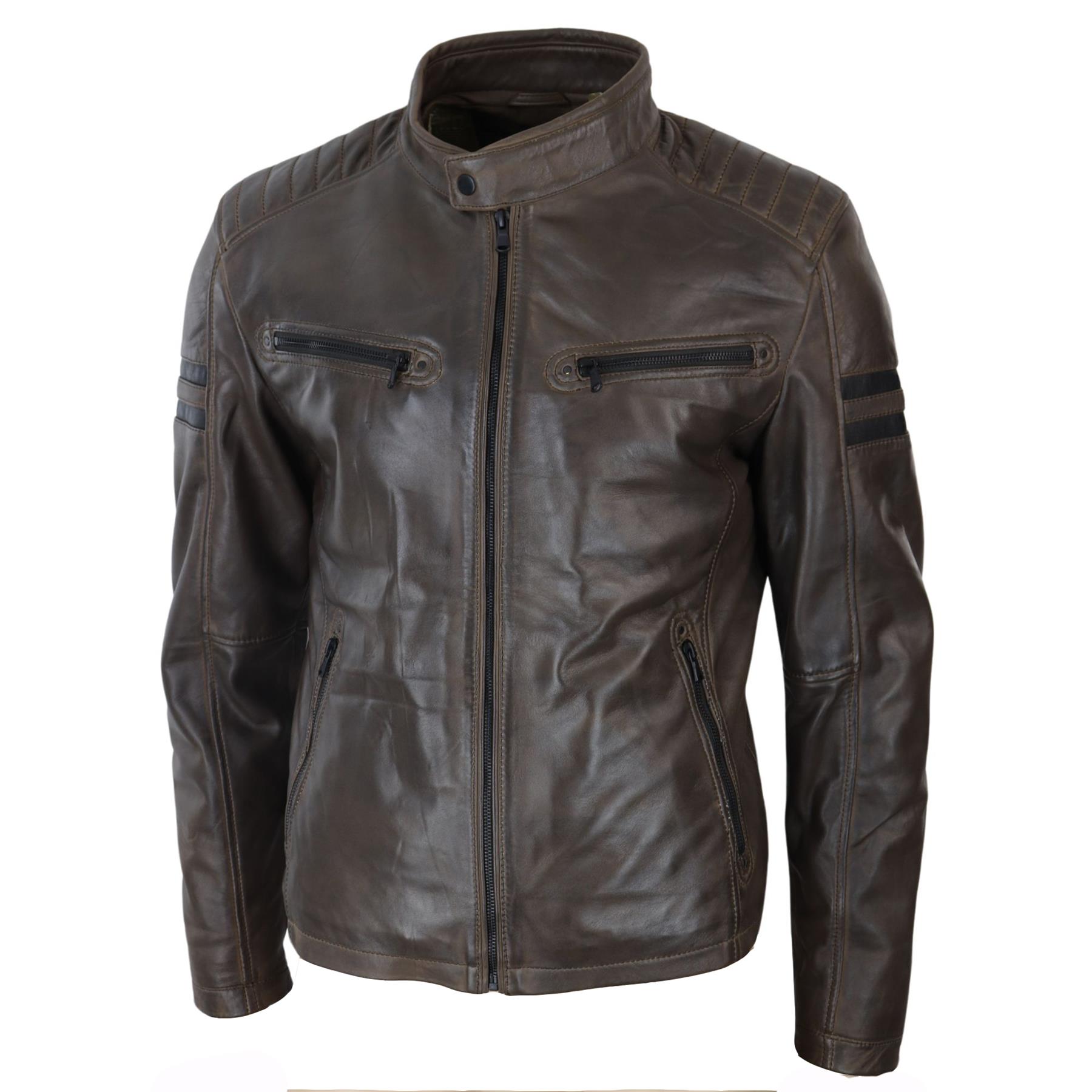 Mens Real Leather Biker Racing Jacket Red Stripes Zip Retro Casual Black Short - Picture 18 of 18
