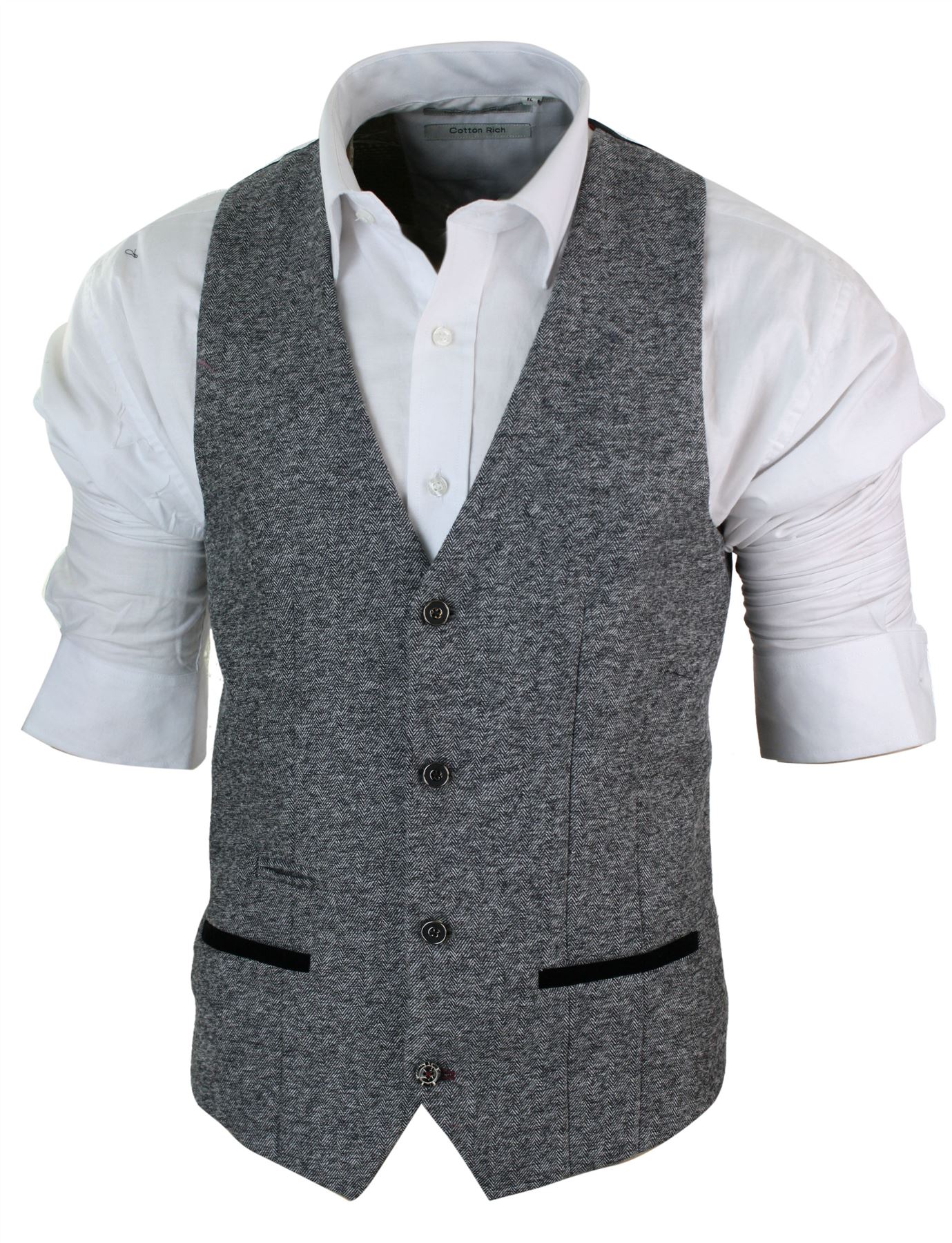 Mens Grey Black Tan Brown Herringbone Tweed Slim Fit Waistcoat Smart