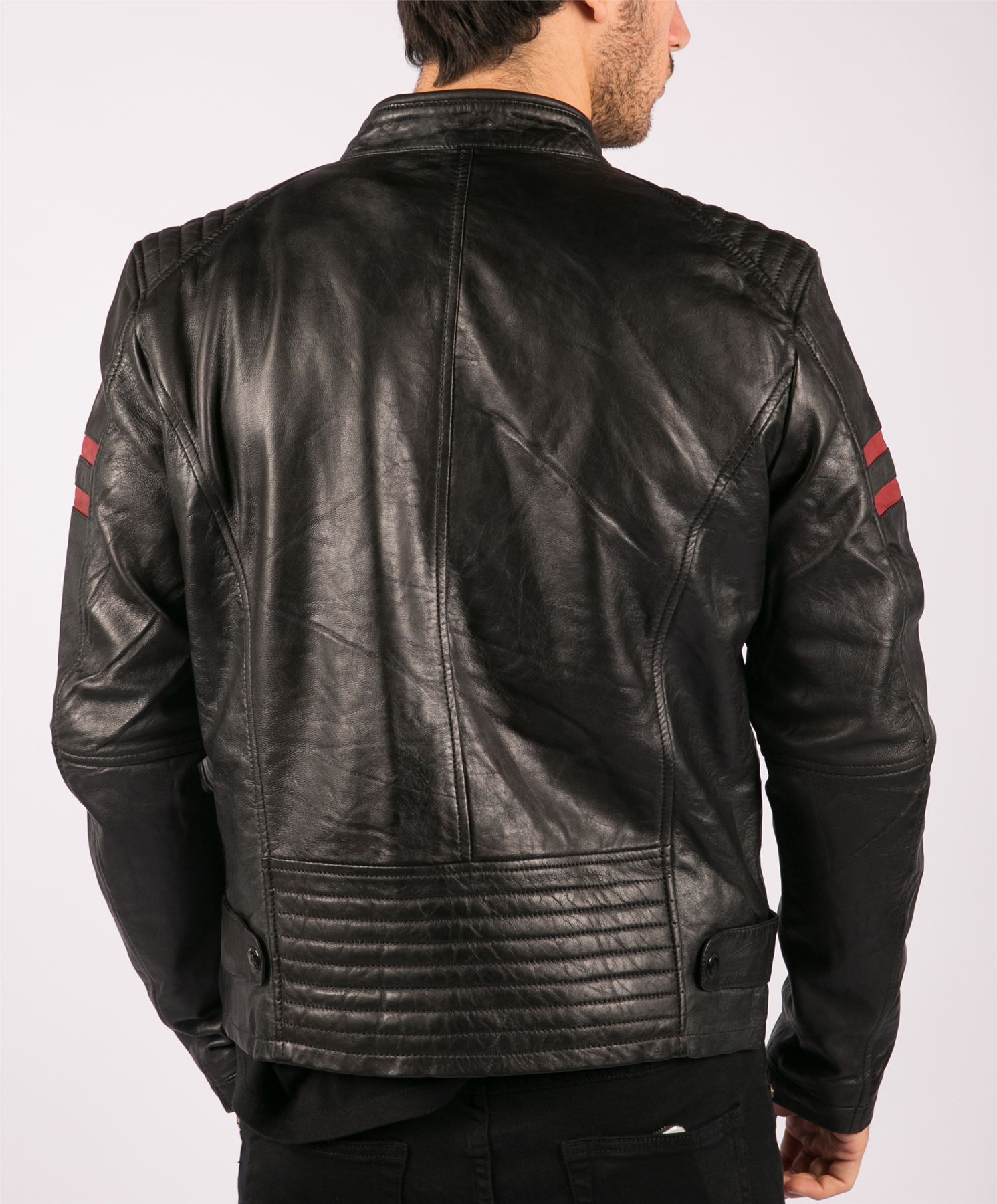 Mens Real Leather Biker Racing Jacket Red Stripes Zip Retro Casual Black Short - Picture 7 of 18