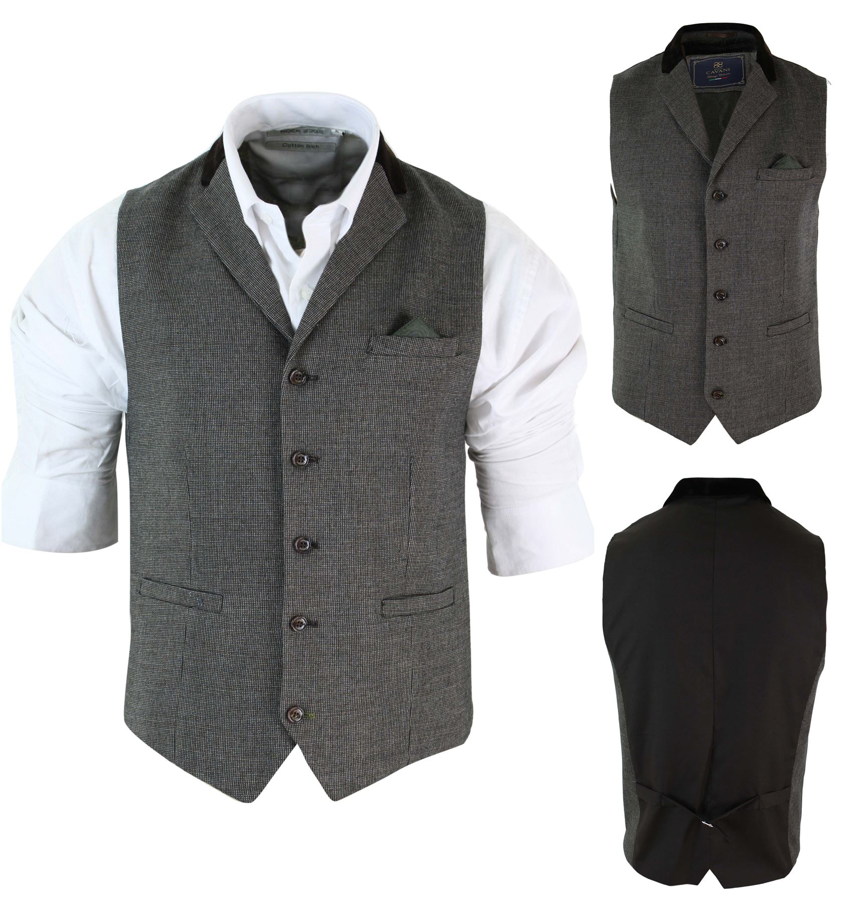 Mens Tailored Fit Retro Herringbone Tweed Waistcoat Vest Velvet