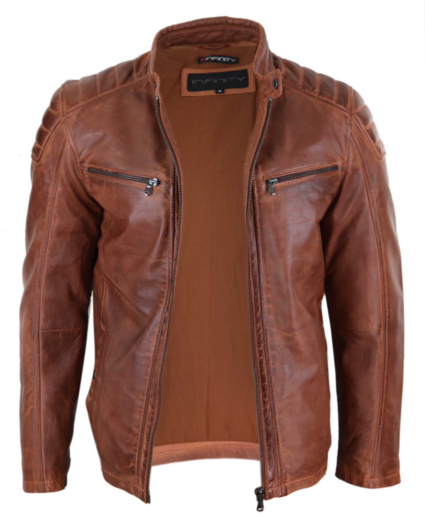 Mens Real Leather Jacket Tailored Fit Biker Zipped Smart Casual Retro ...