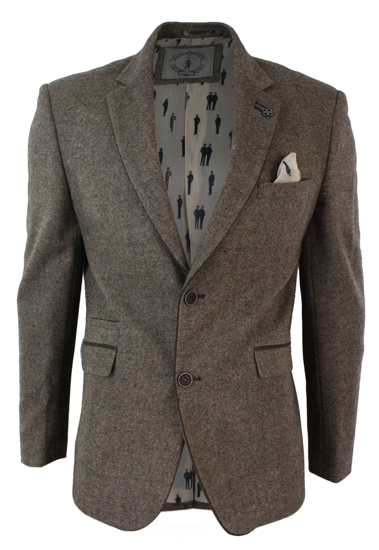 Mens Smart Casual Tailored Fit Herringbone Tweed Tan Brown Grey Blazer