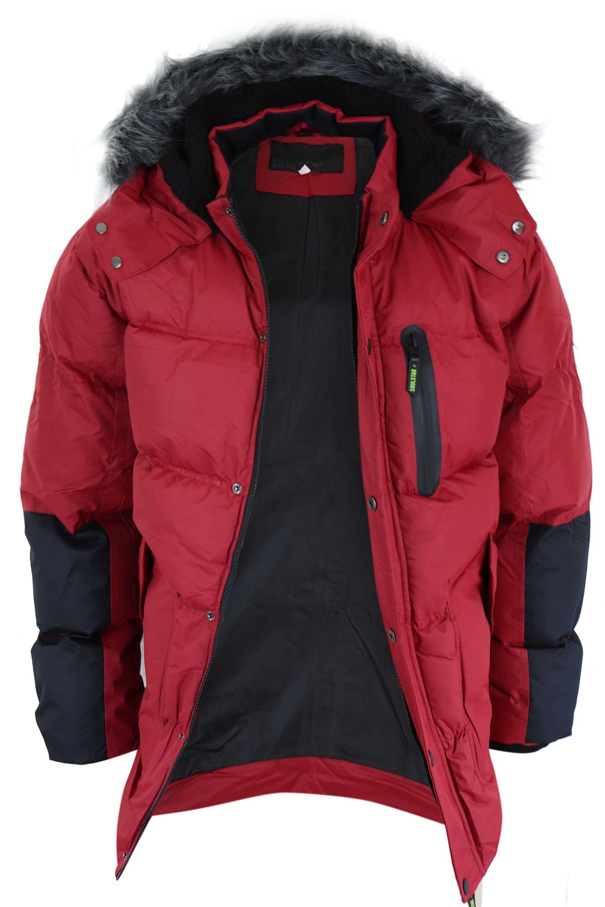 Mens Padded Puffer Parka Jacket Red Grey Warm Fur Hood Autumn Winter | eBay