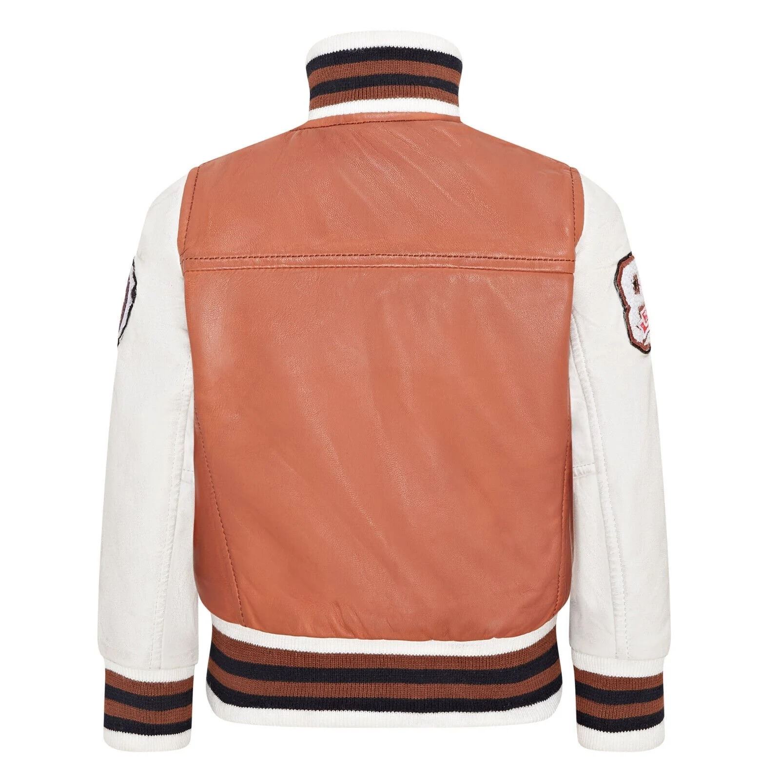 Kids Tan Brown Leather Letterman Bomber Jacket - Picture 8 of 8