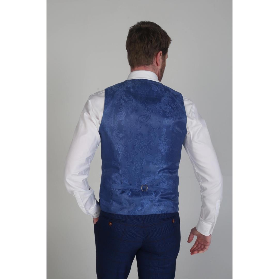 Men's Navy Blue Check Suit Set Blazer Vest Trousers Formal Dress - Picture 10 of 11