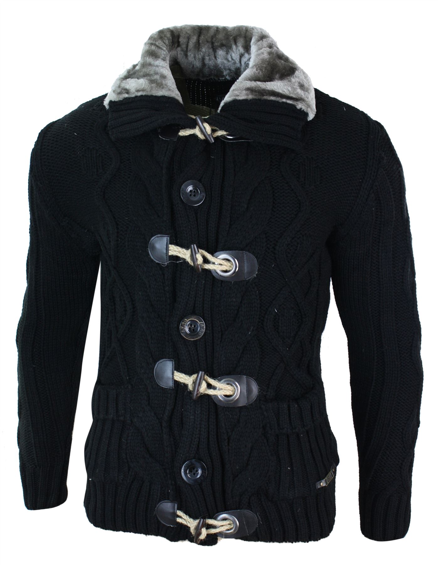 Mens Fitted Zip Toggle Cardigan Jumper Knitted Wool Chunky Warm Smart