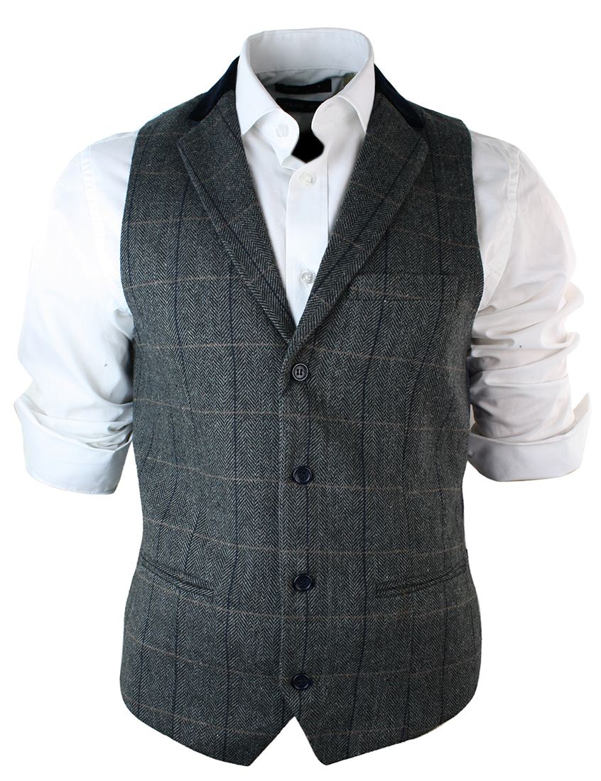 Mens Vintage Tweed Check Waistcoat Herringbone Tan Brown Charcoal Grey ...