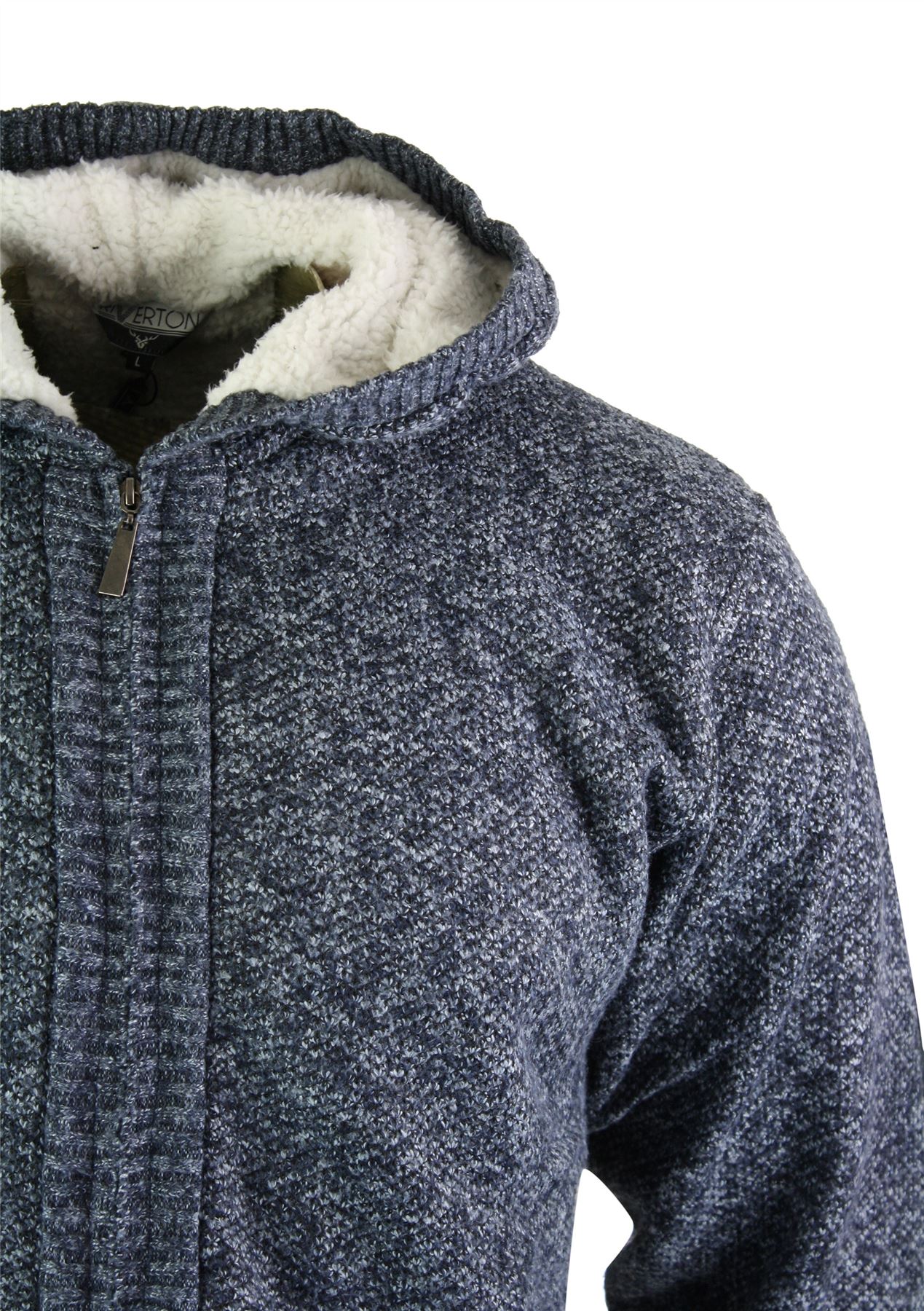 Mens Knitted Hooded Zip Cardigan Thick Jumper Jacket Navy Blue Grey