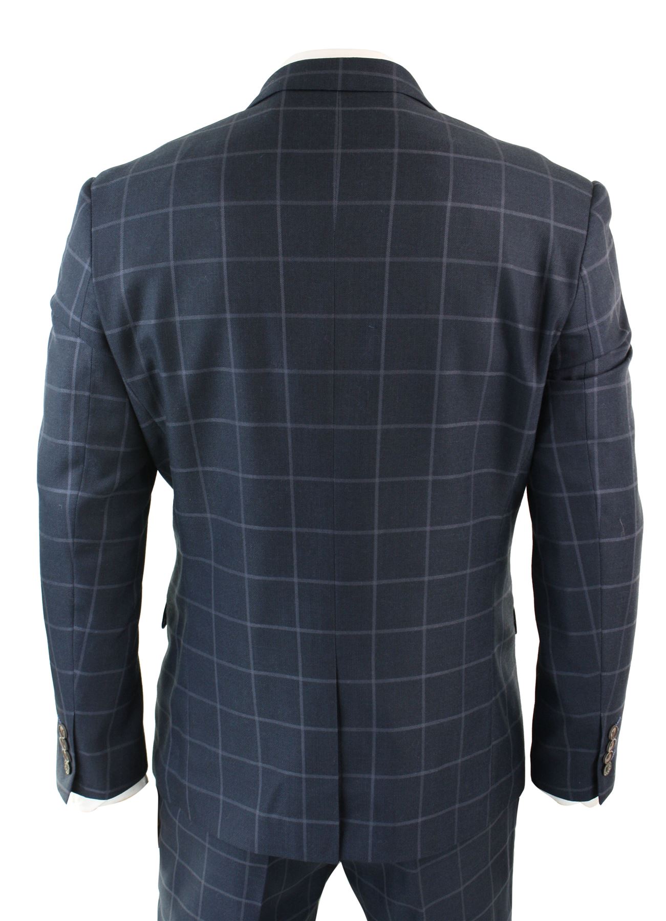 Mens 3 Piece Tailored Fit Check Suit Grey Navy Blue Smart Formal