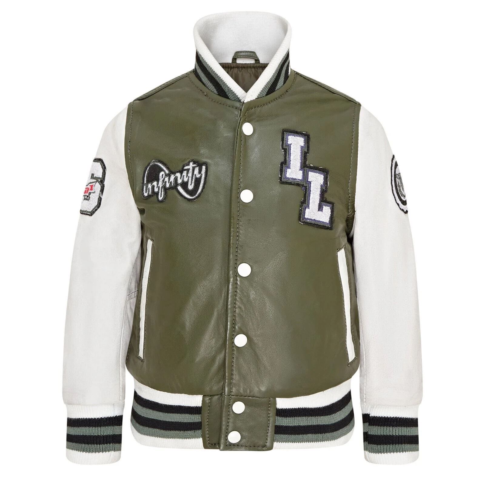 Kids Olive Green Leather Letterman Bomber Jacket - Picture 5 of 8
