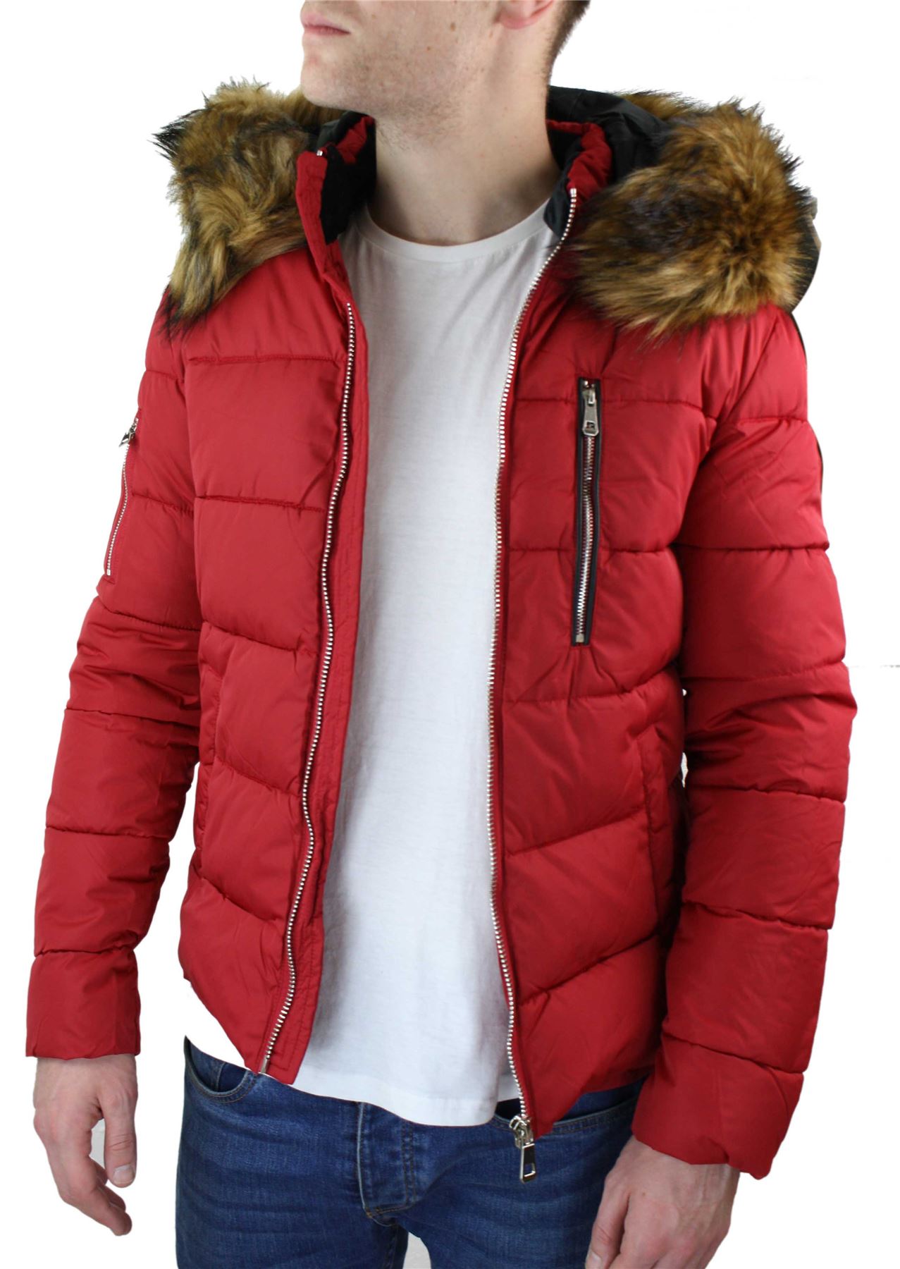 Mens Zip Removable Hood Fur Puffer Quilted Jacket Warm Winter | eBay