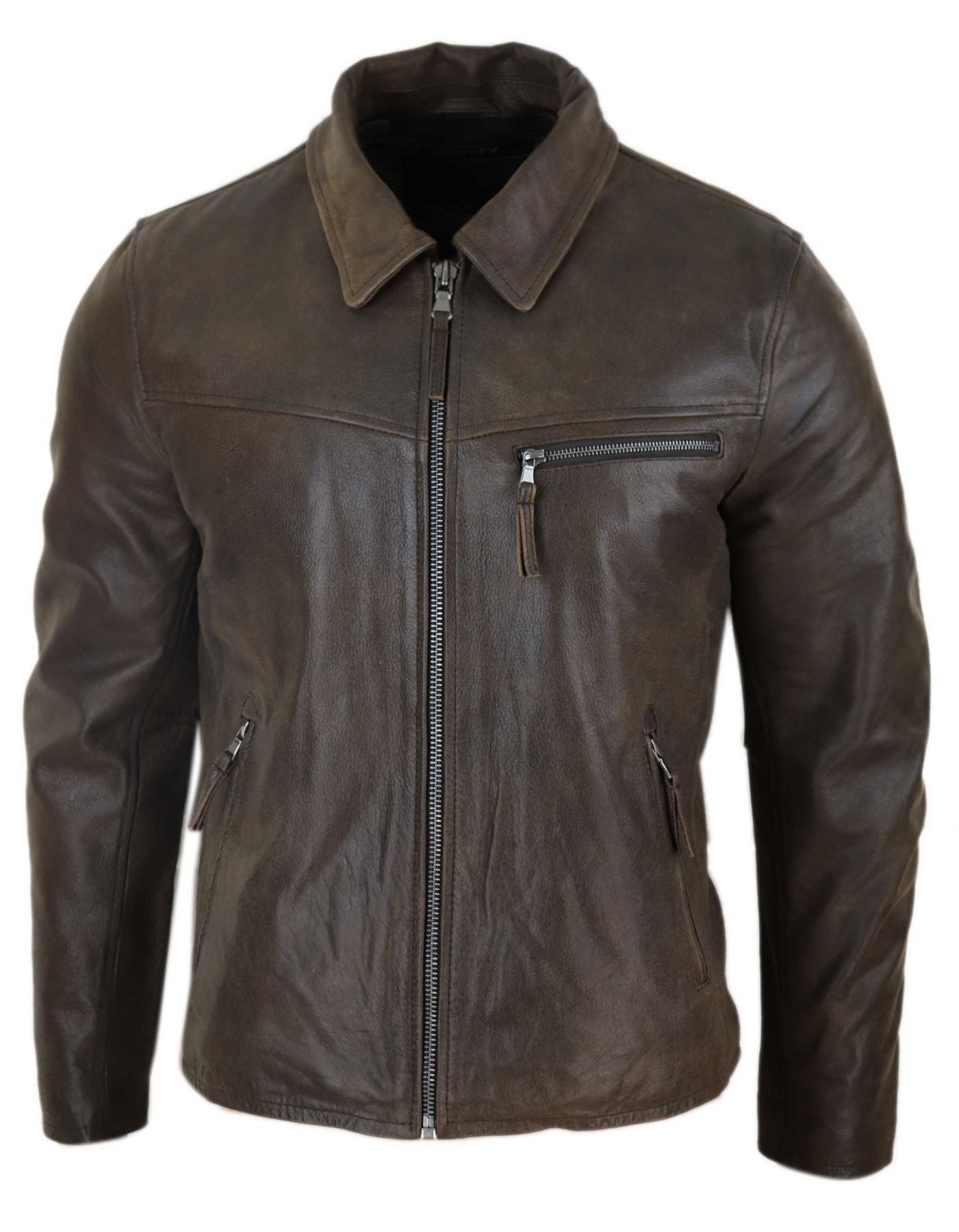 Men Genuine Real Leather Casual Retro Harrington Top Collar Zip Jacket Classic Men Genuine Real Leather Casual Retro Harrington Top Collar Zip Jacket Classic
