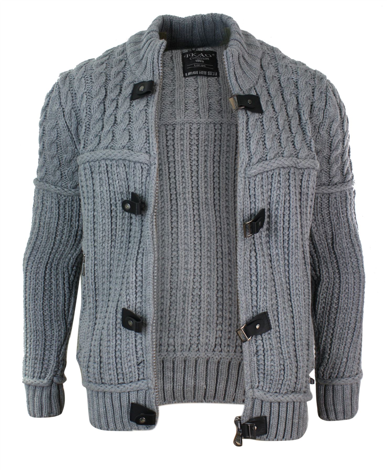 Mens Fitted Zip Toggle Cardigan Jumper Knitted Wool Chunky Warm Smart