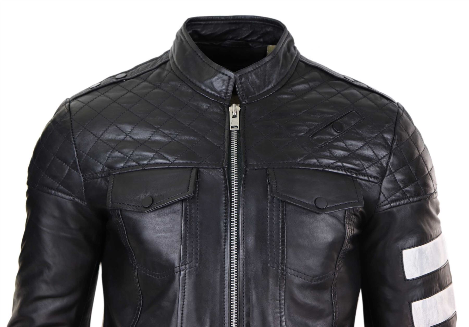 Mens Real Leather Racing Jacket Biker Zipped Casual Napa Stripes Black White | eBay
