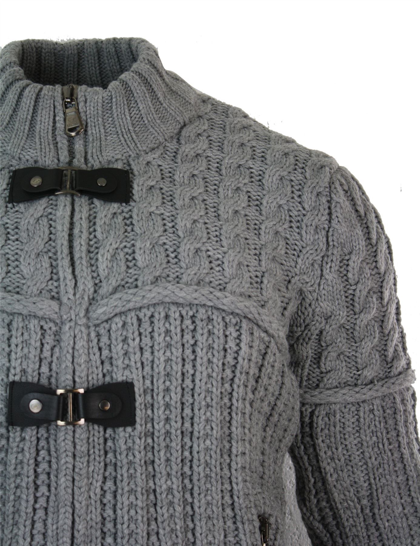 Mens Fitted Zip Toggle Cardigan Jumper Knitted Wool Chunky Warm Smart