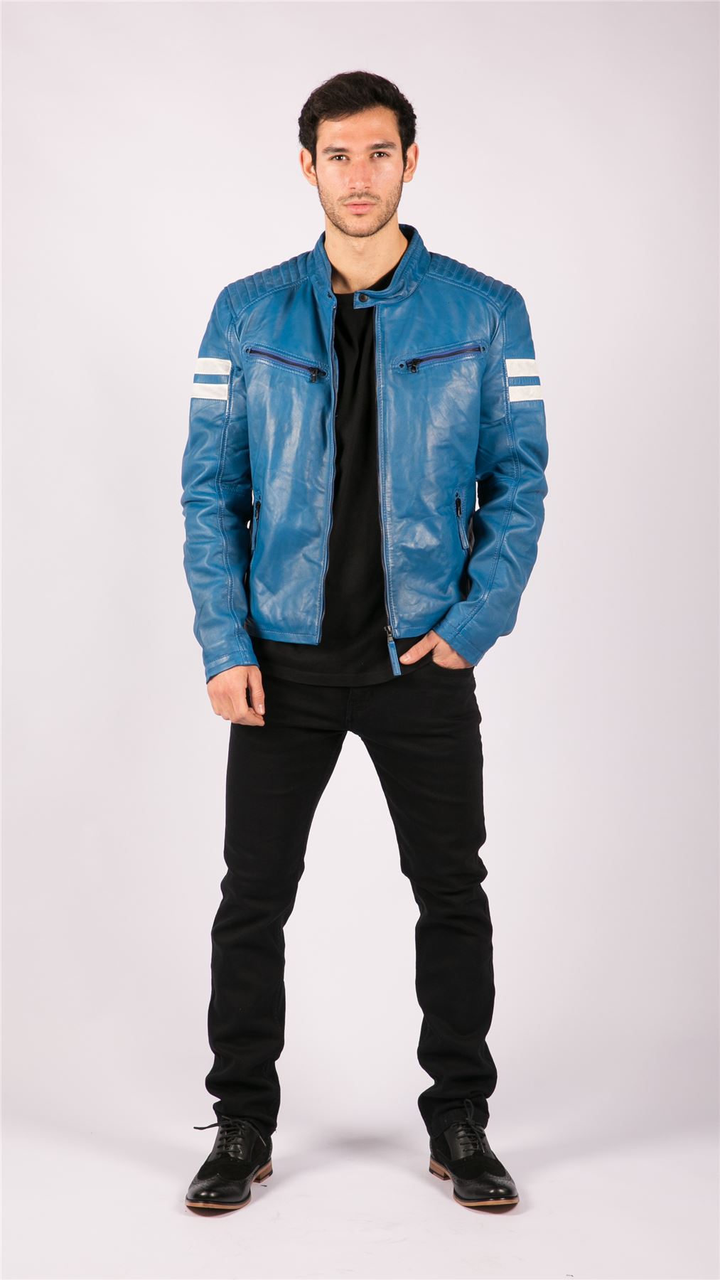 Mens Real Leather Biker Racing Jacket Red Stripes Zip Retro Casual Black Short - Picture 9 of 18