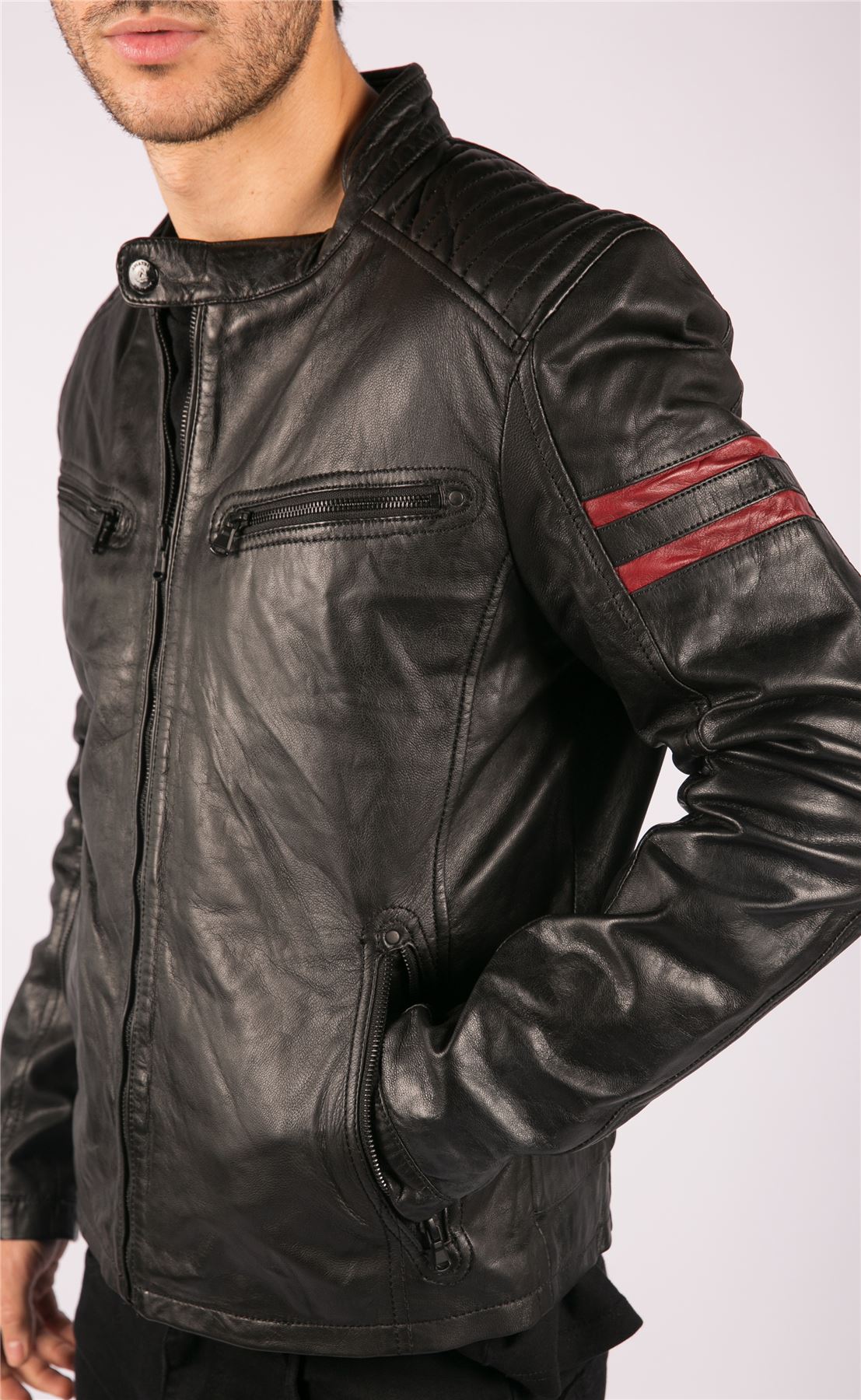 Mens Real Leather Biker Racing Jacket Red Stripes Zip Retro Casual Black Short - Picture 6 of 18