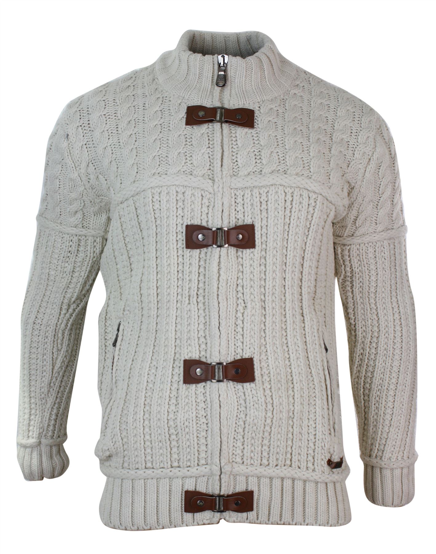 Mens Fitted Zip Toggle Cardigan Jumper Knitted Wool Chunky Warm Smart