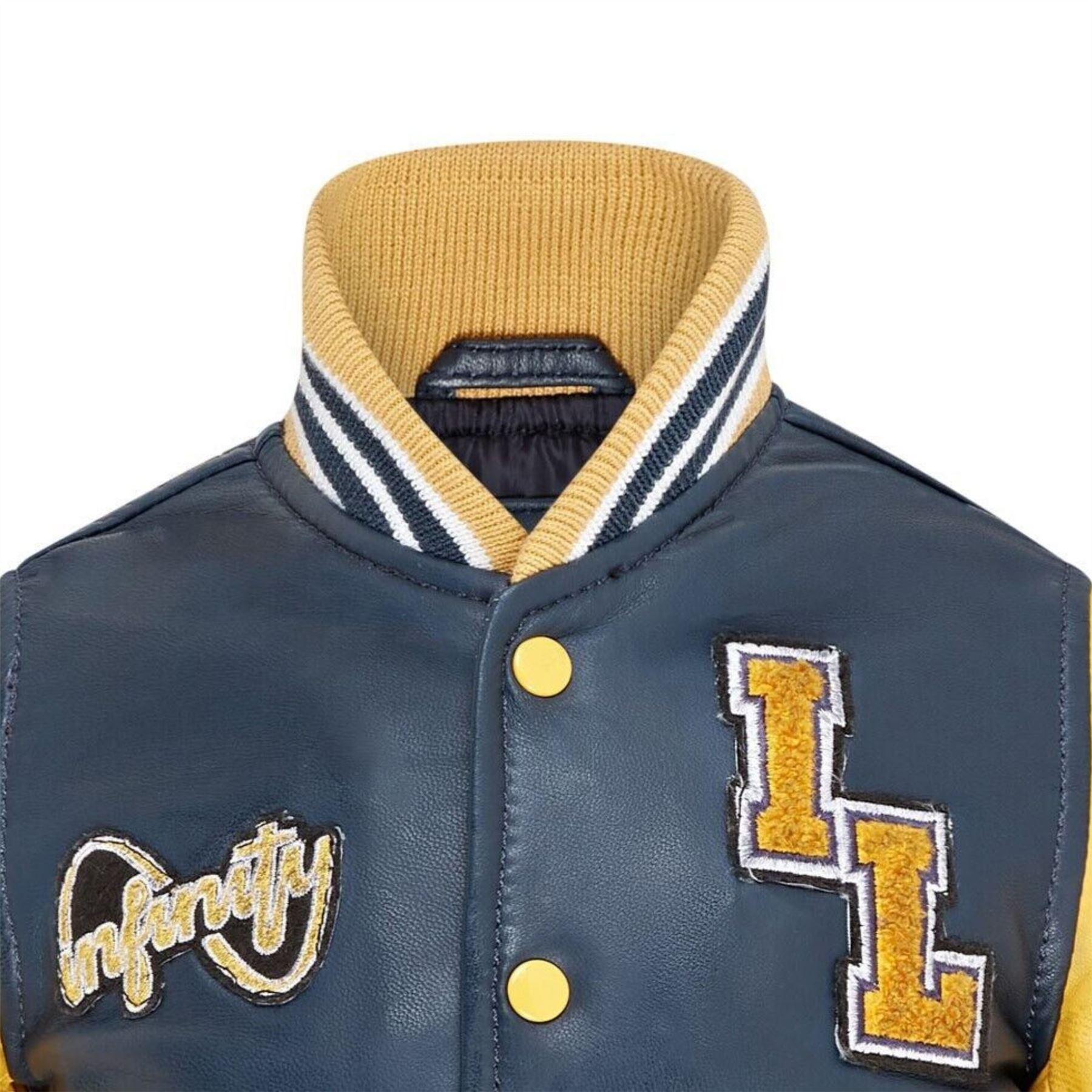 Kids Navy Blue Leather Letterman Bomber Jacket - Picture 7 of 8