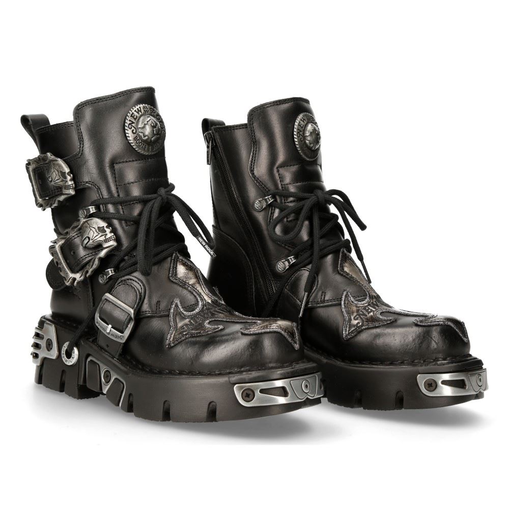New Rock Mens 407-S1 Silver Cross Black Reactor Sole Leather Ankle