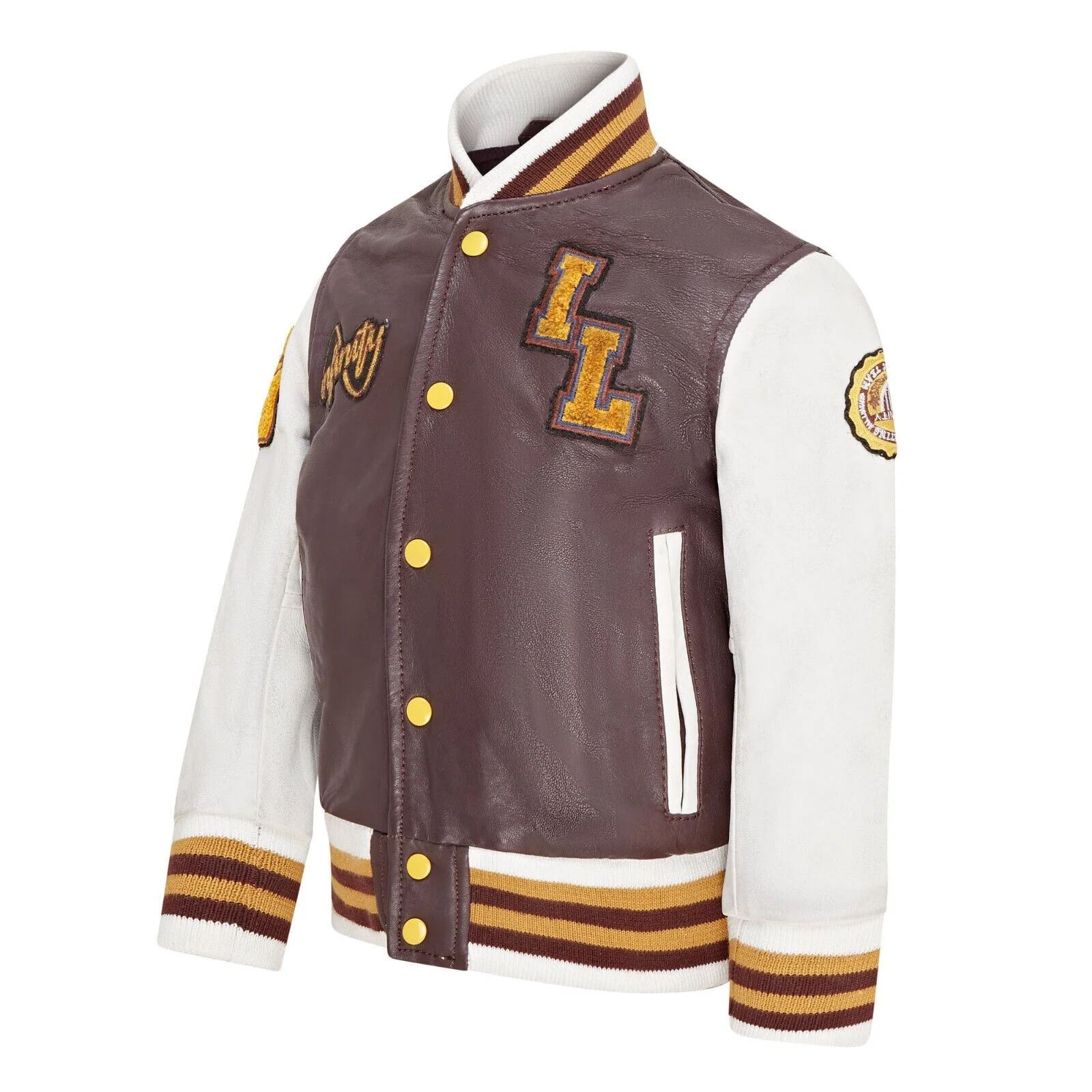Kids Burgundy Leather Letterman Bomber Jacket - Picture 6 of 8