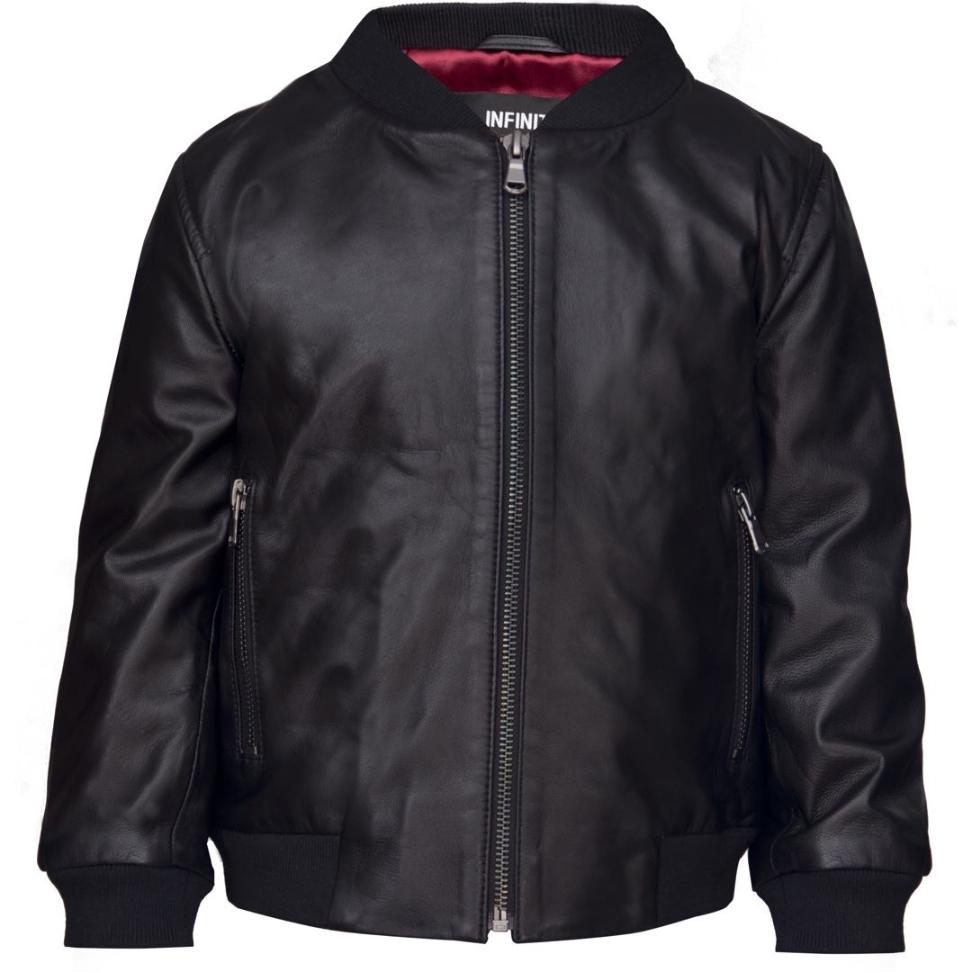 Boys GIrls Kids Unisex Real leather Bomber Style Jacket Varsity Zip Black Blue - Picture 2 of 2