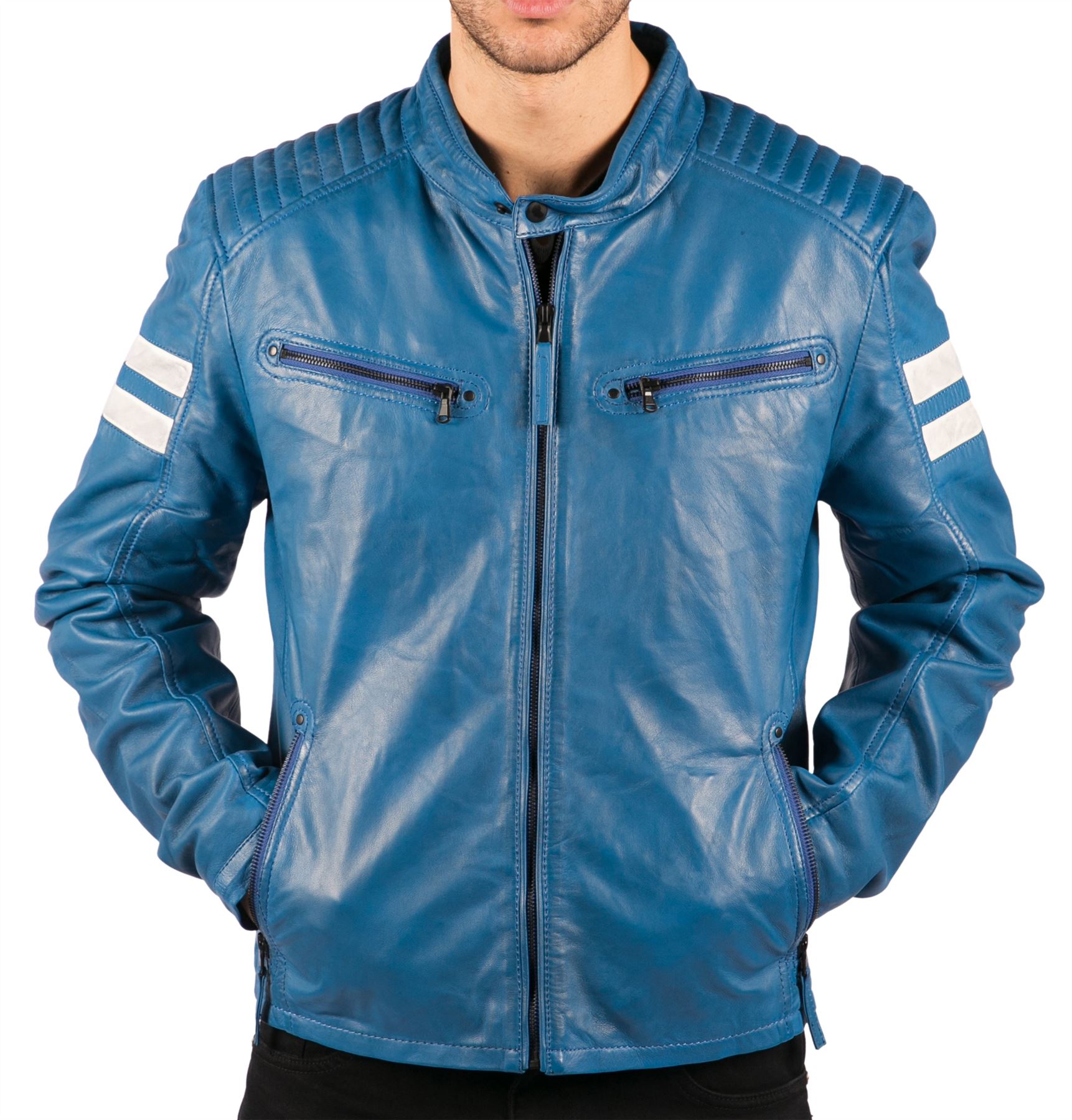 Mens Real Leather Biker Racing Jacket Red Stripes Zip Retro Casual Black Short - Picture 8 of 18