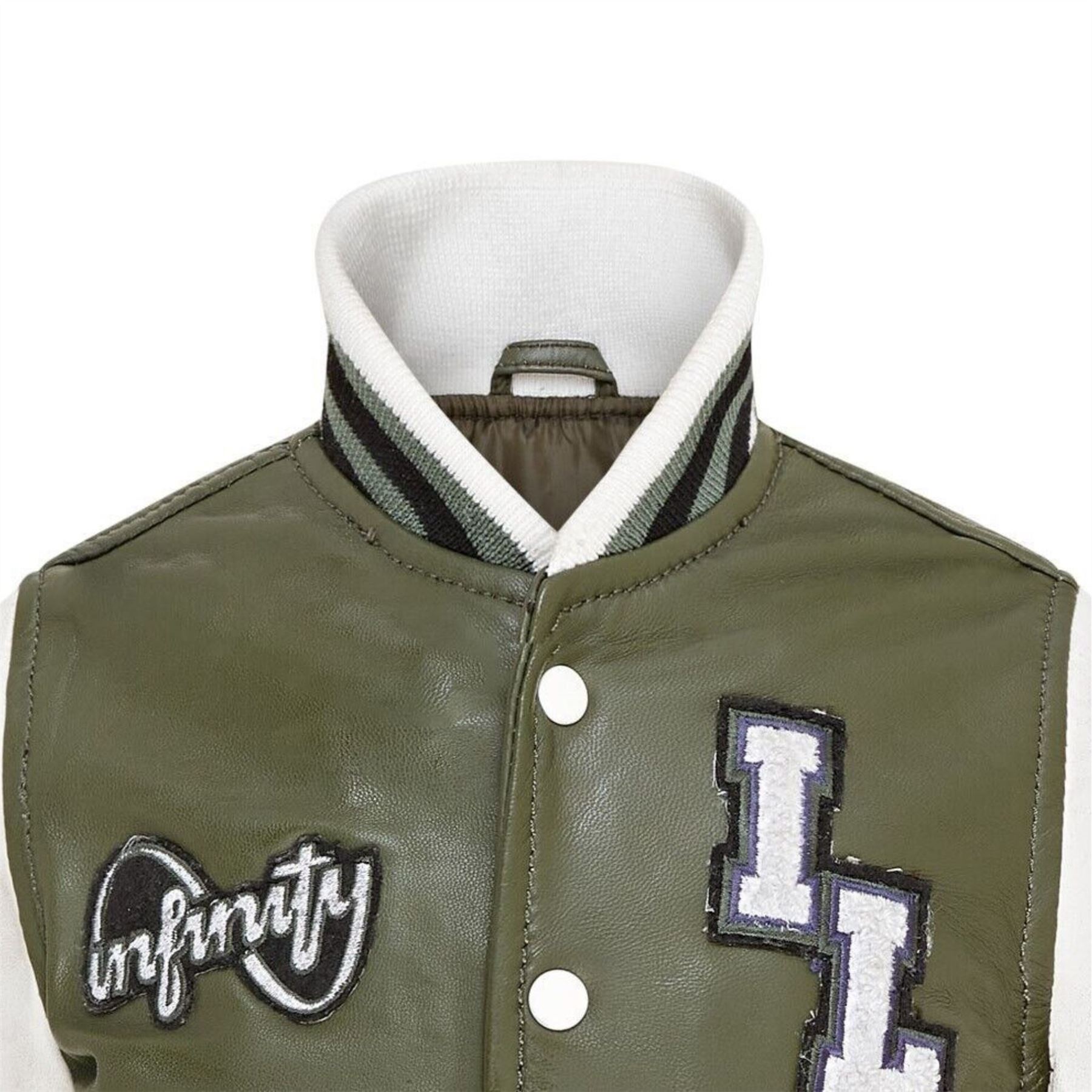 Kids Olive Green Leather Letterman Bomber Jacket - Picture 7 of 8