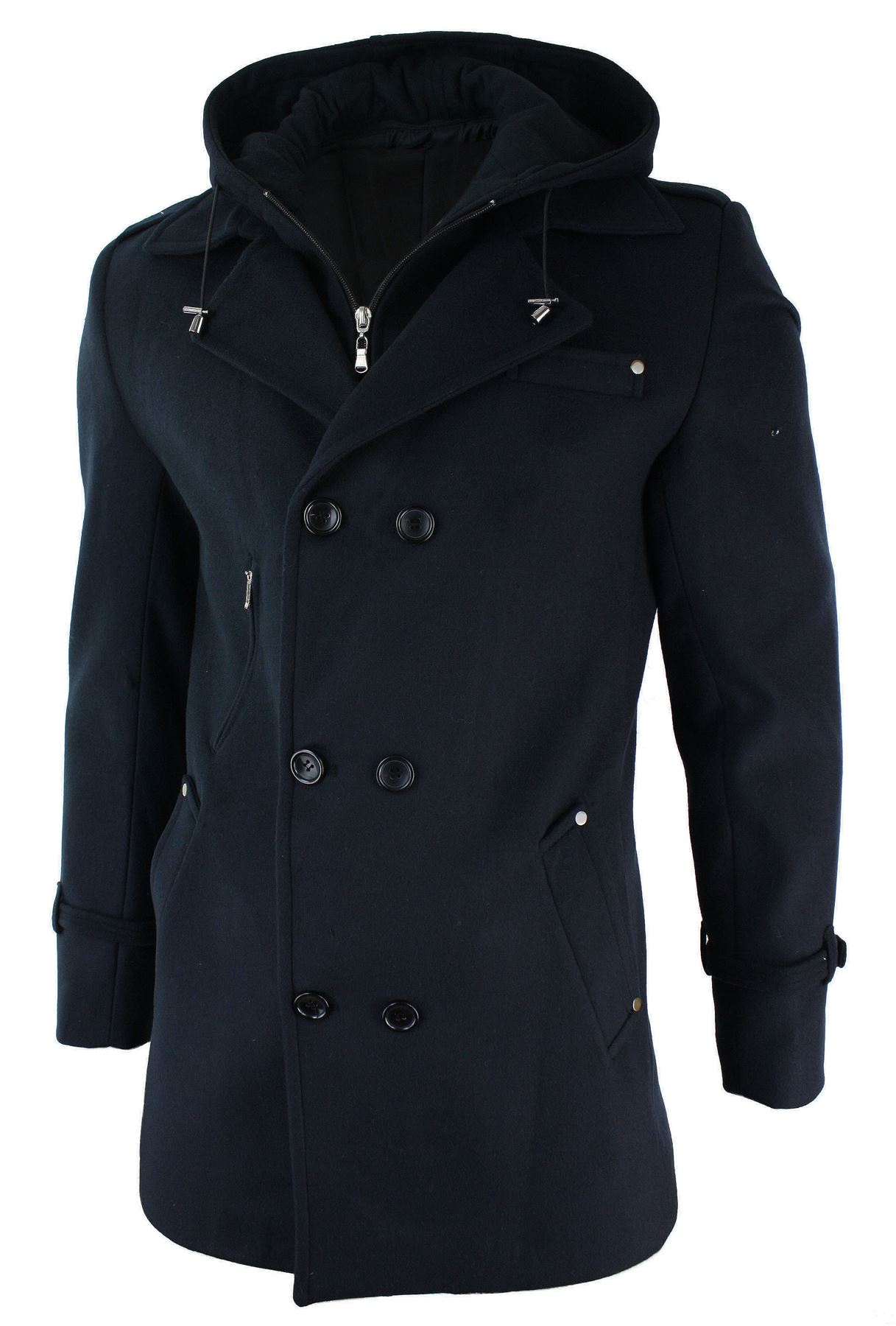 Mens Slim Fit Wool 3/4 Double Breasted Sailor Overcoat Jacket Removable