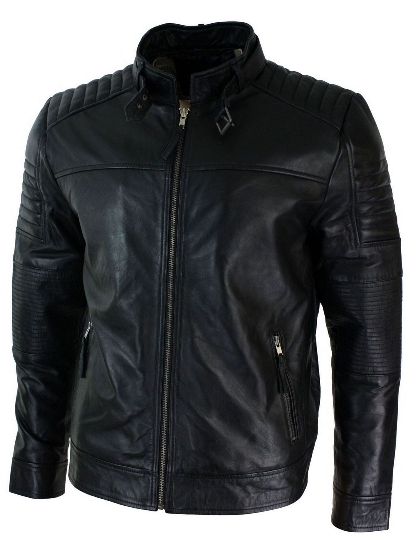 Herrenjacke 100% Echtleder Schwarz Biker Retro Design Vintage Tailored Fit - Bild 9 von 11