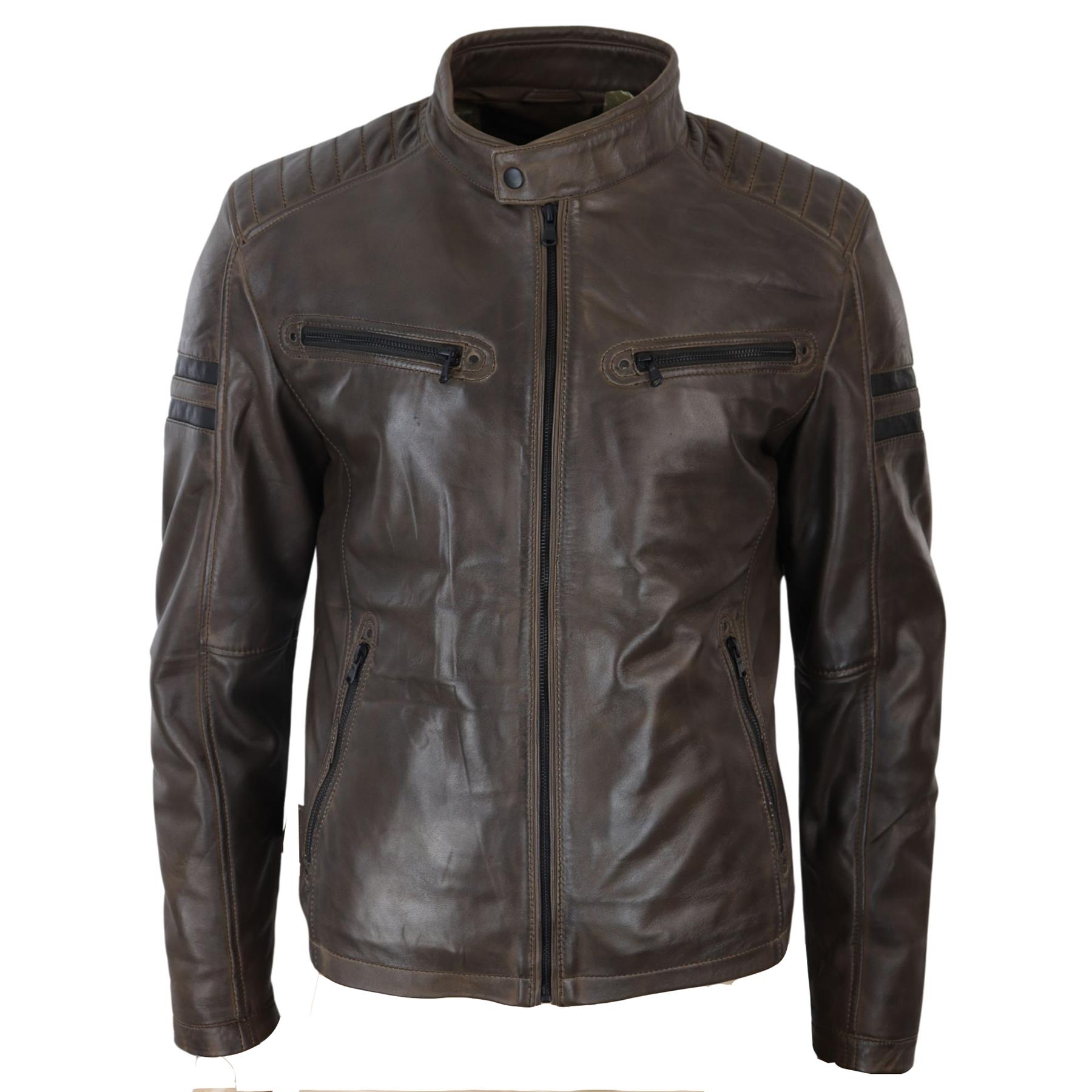 Mens Real Leather Biker Racing Jacket Red Stripes Zip Retro Casual Black Short - Picture 14 of 18