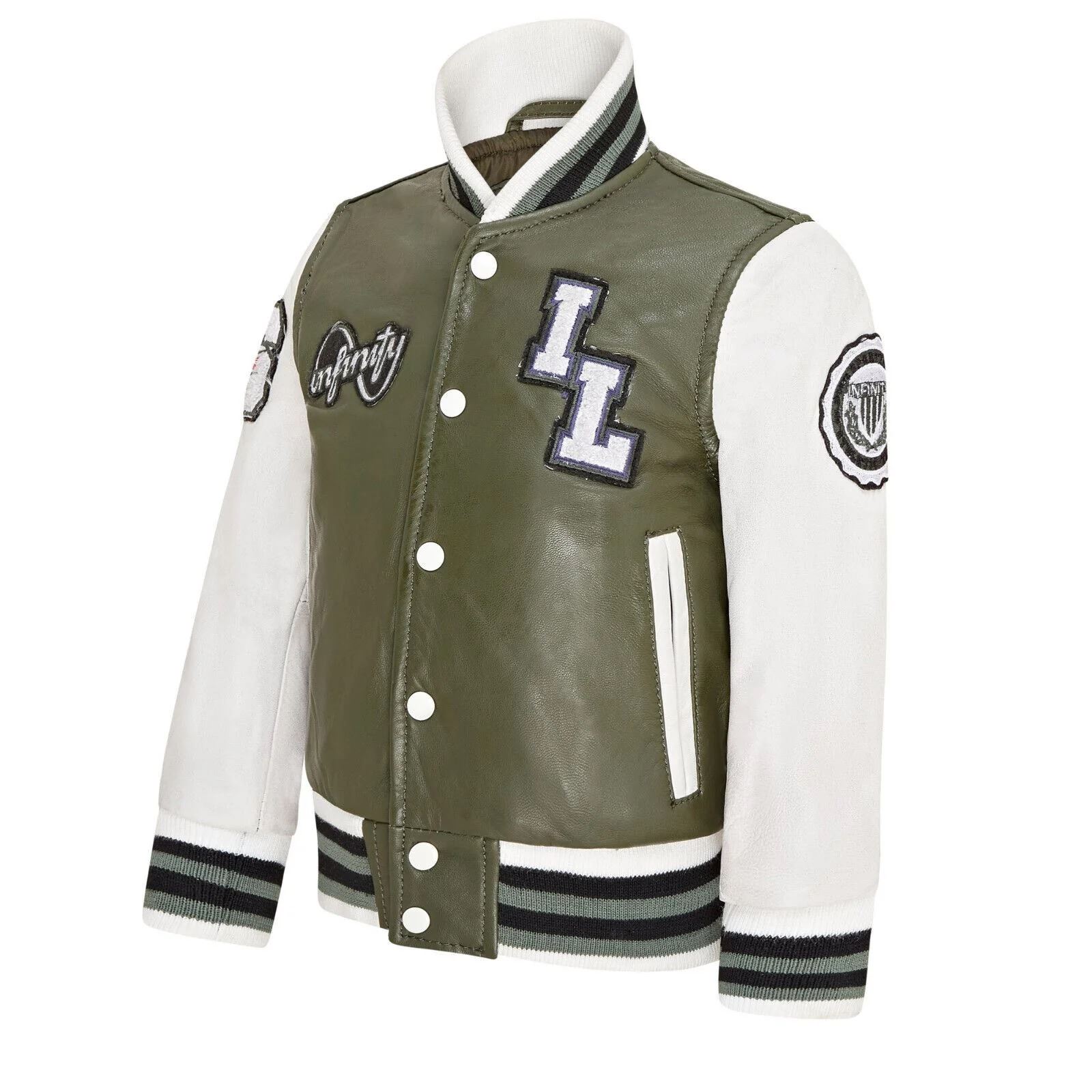 Kids Olive Green Leather Letterman Bomber Jacket - Picture 6 of 8