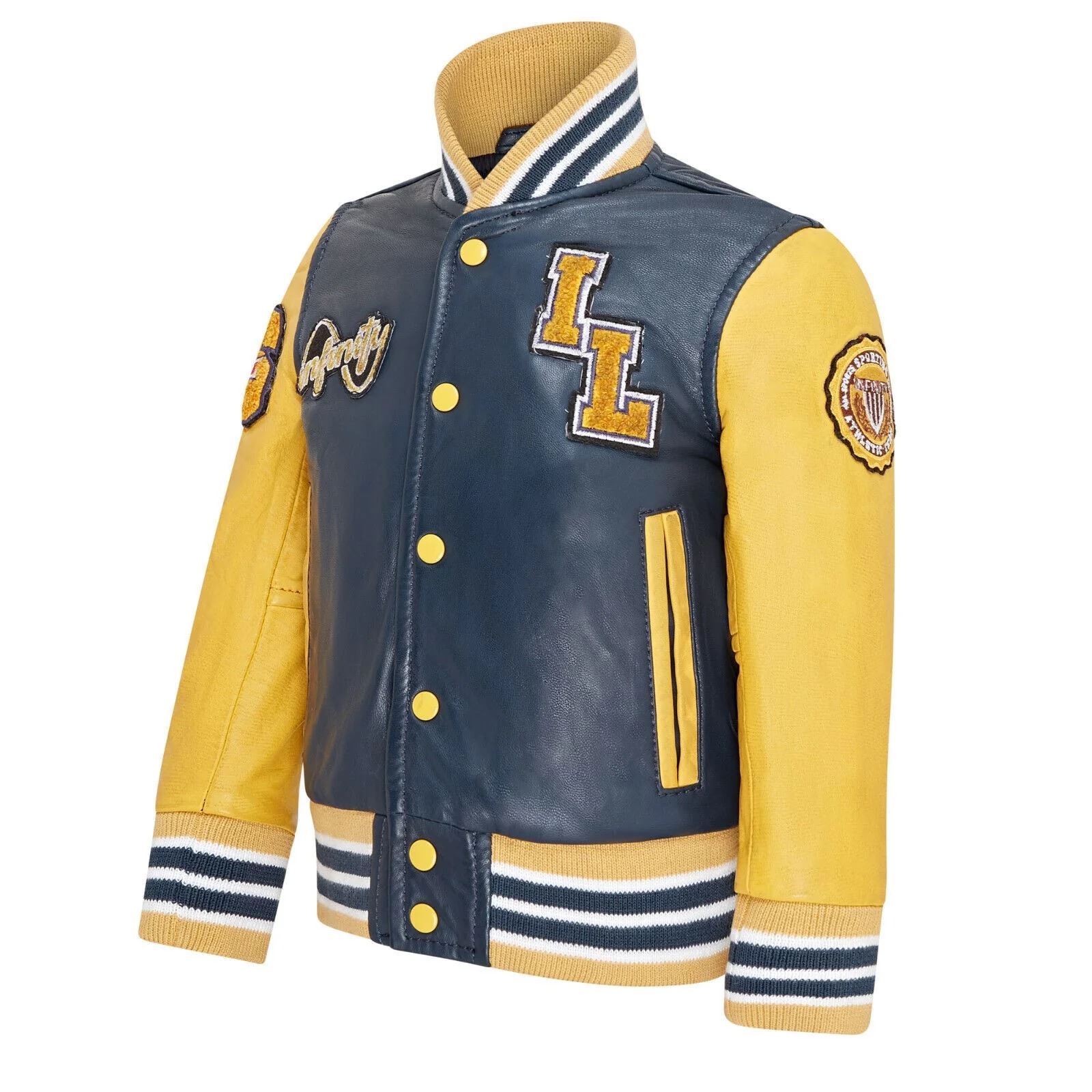 Kids Navy Blue Leather Letterman Bomber Jacket - Picture 6 of 8
