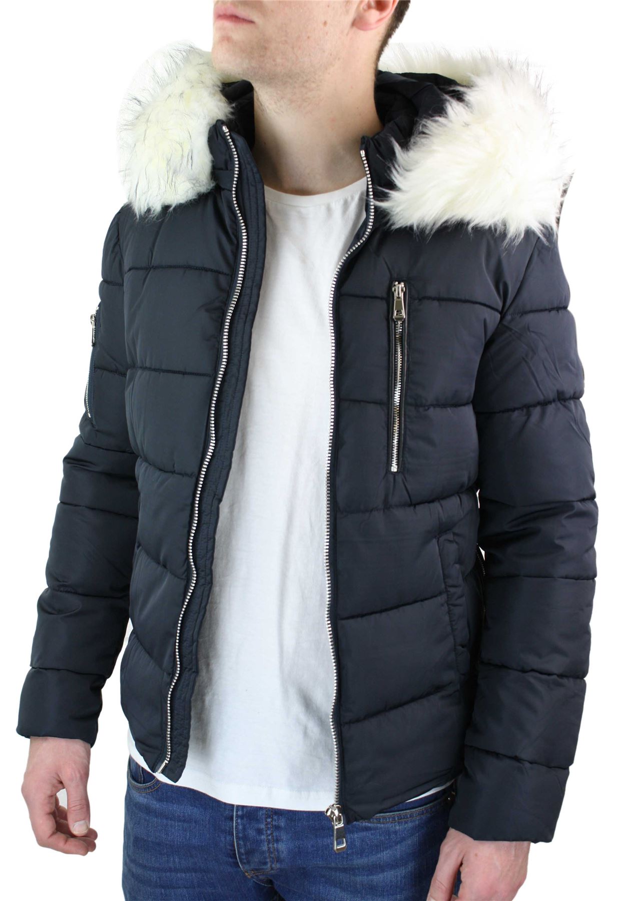 Mens Zip Removable Hood Fur Puffer Quilted Jacket Warm Winter