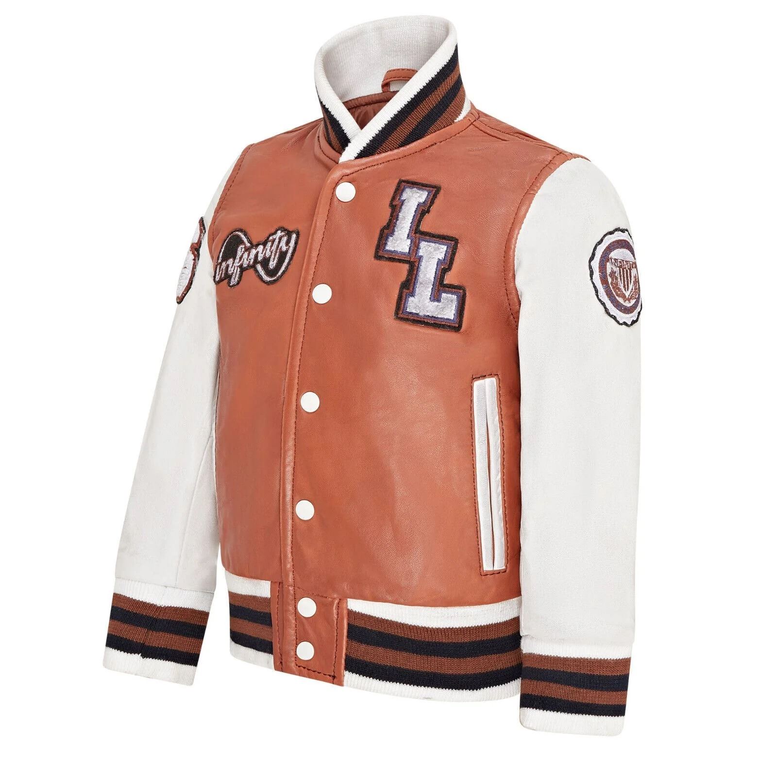 Kids Tan Brown Leather Letterman Bomber Jacket - Picture 6 of 8
